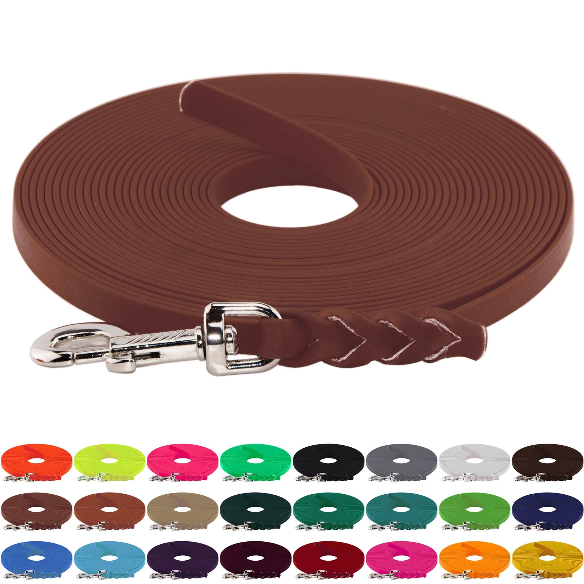 LENNIE BioThane Schleppleine, 19mm, Hunde ab 35kg, 10m lang, ohne Handschlaufe, Rotbraun, geflochten