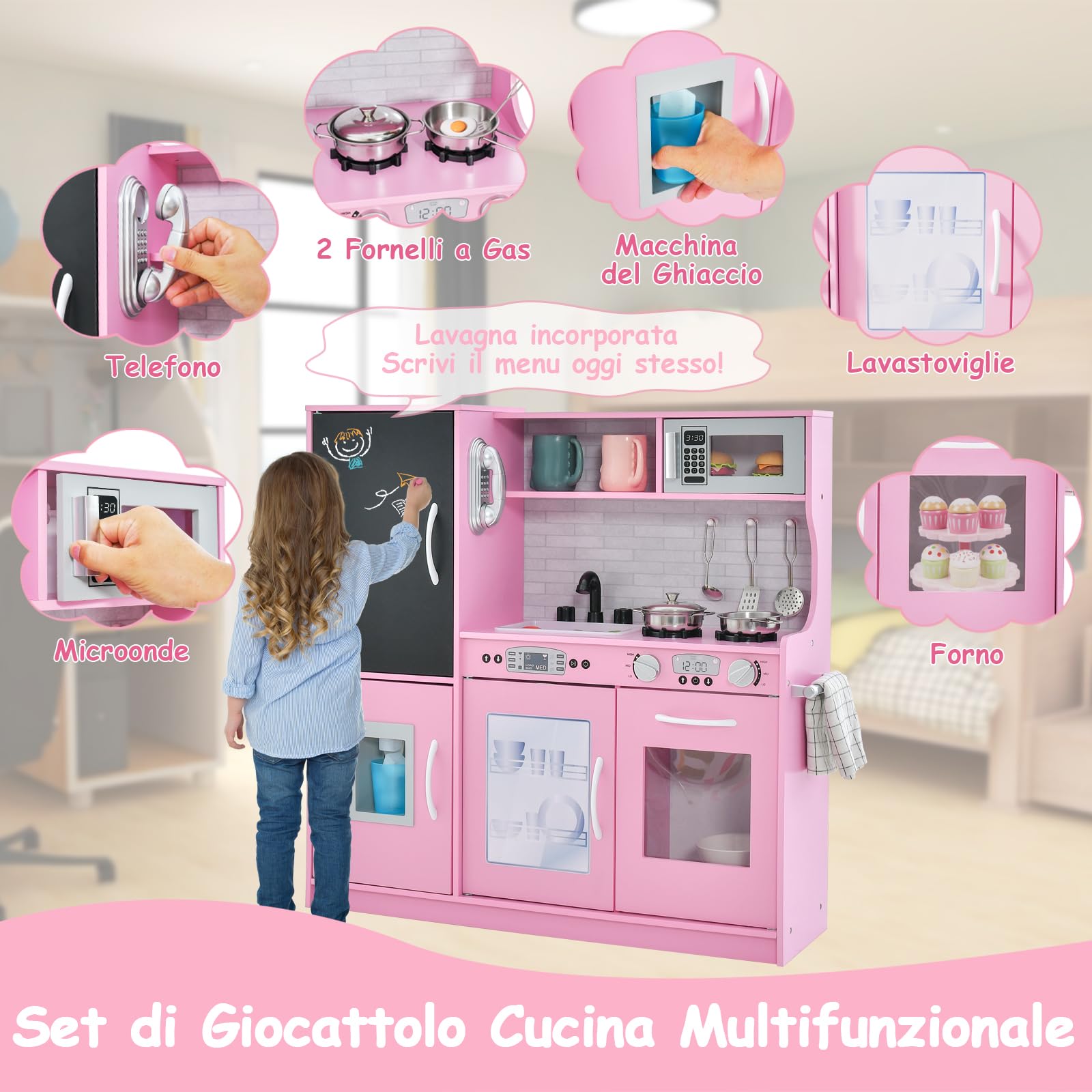 GYMAX Cucina Giocattolo per Bambini, Cucina Gioco in Legno Bambina con Lavagna, Forno, Vaschetta per l'Acqua e Fabbricatore di Ghiaccio, con Effetti Sonori per Bambini 3 Anni + (Rosa)