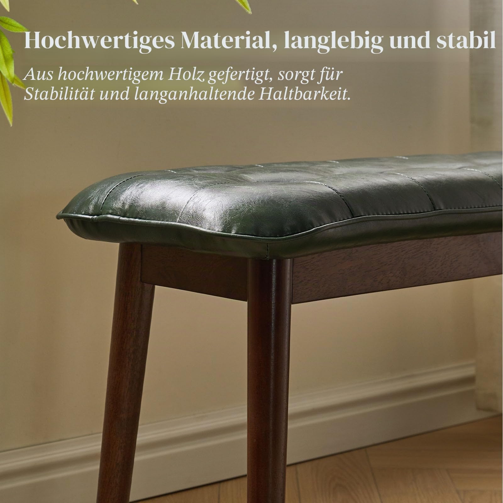 Eingangsbank, Esszimmerbank aus Massivholz, Mid-Century Bank für das Ende des Bettes mit gepolstertem PU-Ledersitz, Schlafzimmerbank, 120 cm L x 32 cm B x 45 cm H （Grün）