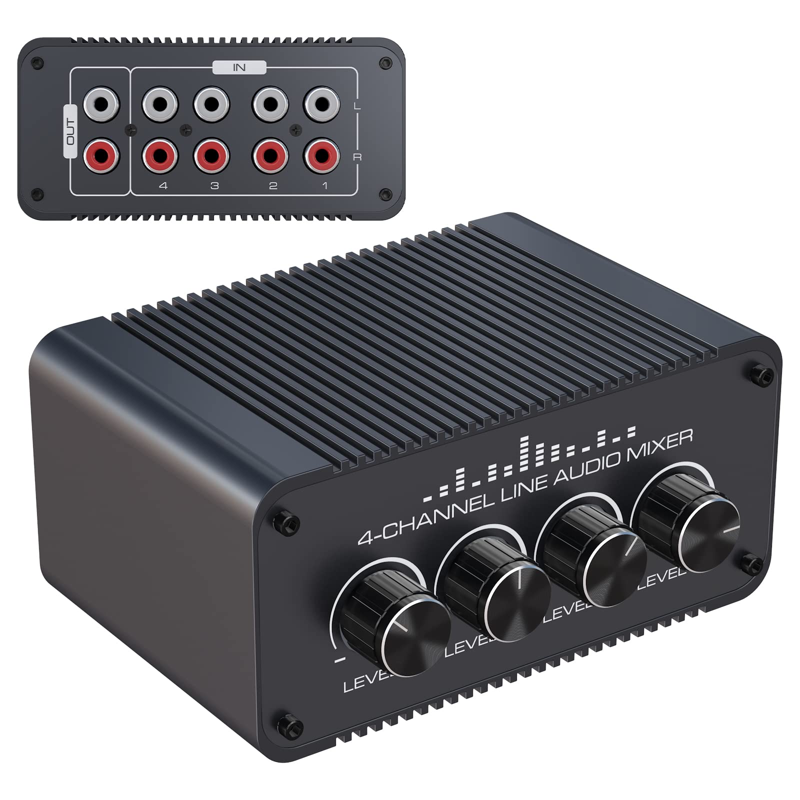 Audio Mixer Ultra Low Noise 4 Channel RCA L/R line Levels Control Box Passive Mixer RCA Inputs Output Separate Volume Controls for Small Club Bar or Recording Studio