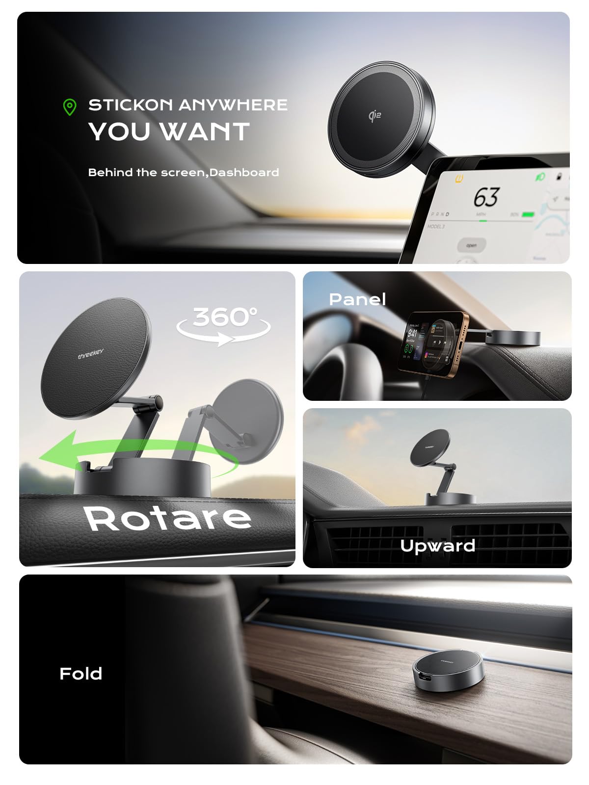 THREEKEY Caricatore Wireless Auto per Magsafe, Qi2 15W Supporto Telefono Auto Magnetico, Car Phone Holder Ricarica Wireless Con Rotazione a 360° per iPhone 16/15/14/13/12 e Samsung S25, Nero