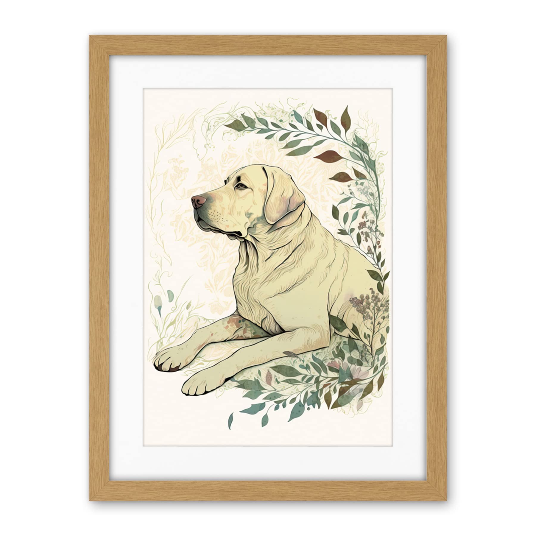 Artery8 Labrador Retriever Dog Lying in Field Modern Linocut Illustration Artwork Framed Wall Art Print 18X24 Inch