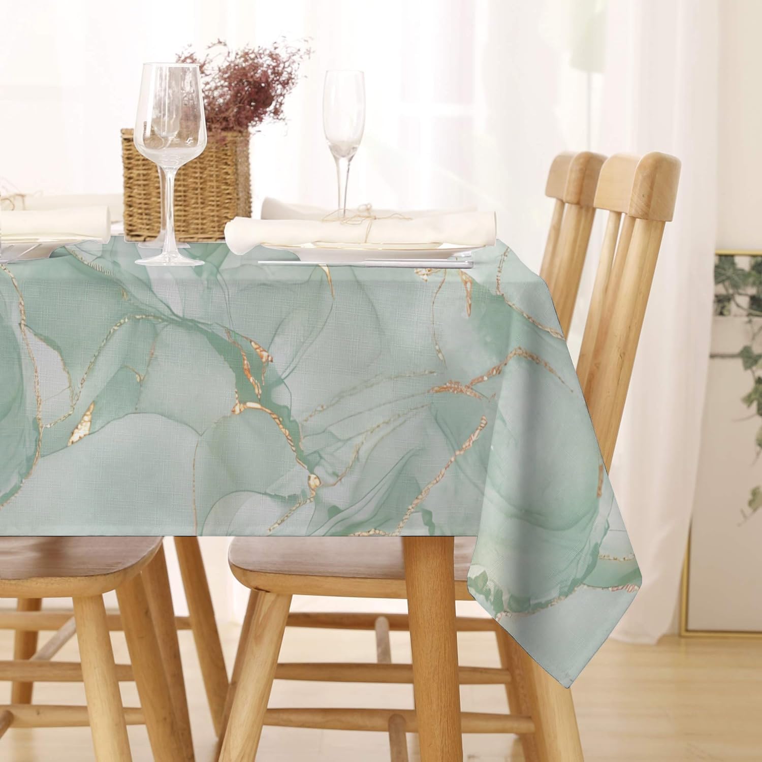 Abwaschbare Tischdecke 140x140 Cm – Wasserdicht, Fleckgeschützt, Mit Lotuseffekt, In Salbei Grün Gold, Für Küche & Garten