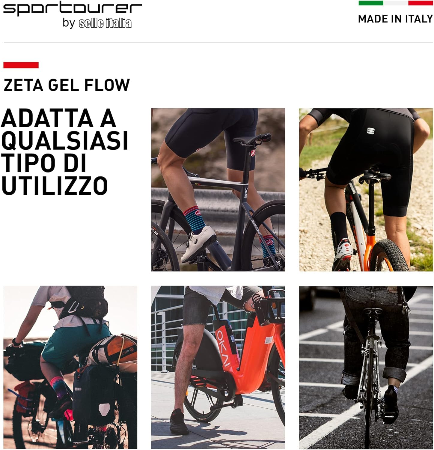 Sportourer by Selle Italia - Zeta Comfort Gel SuperFlow, Sella per Bicicletta da Città, Morbida in Gel, Con Tecnologia Riflettente per Scarsa Visibilità, Resistente all'Acqua - Nera