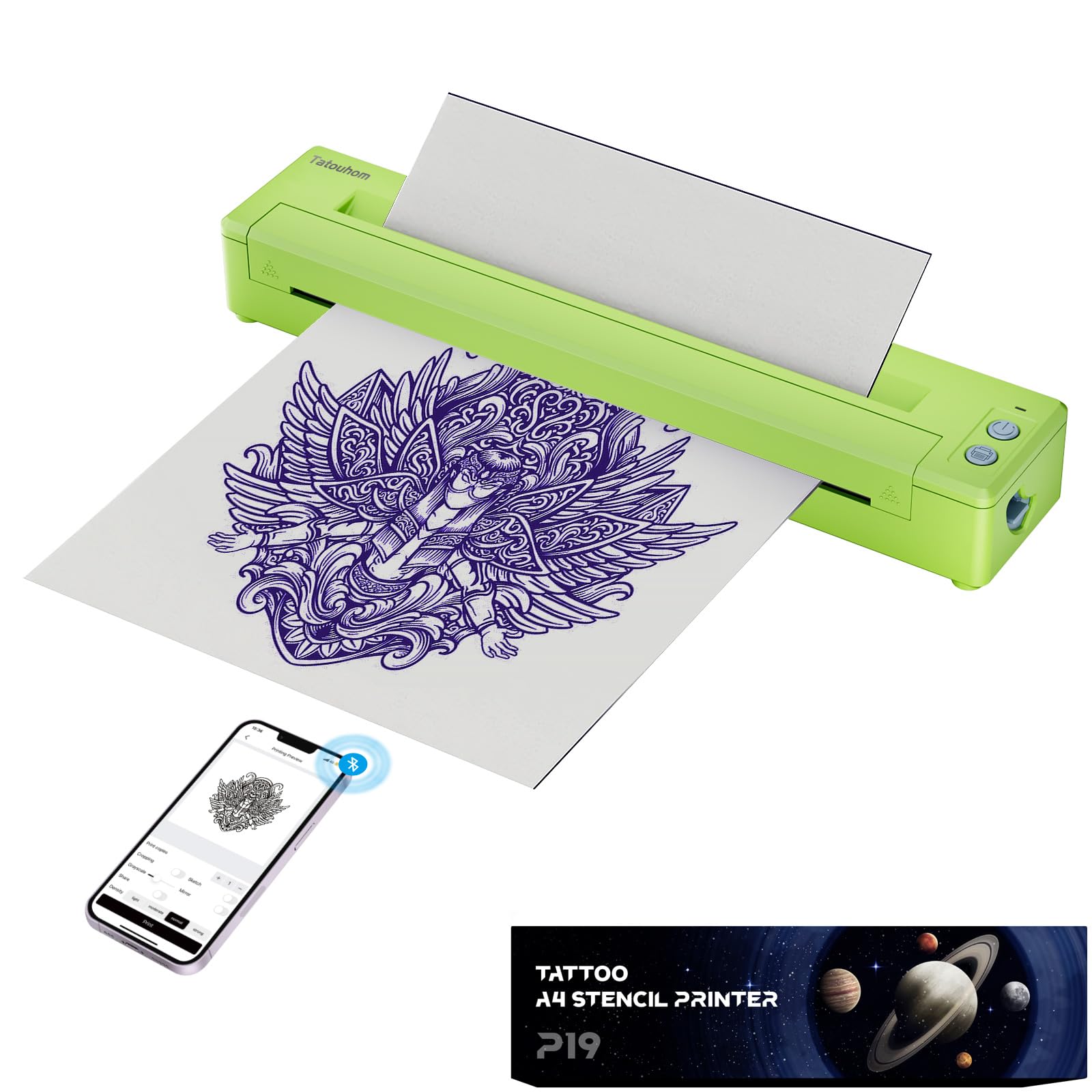 P19 Tattoo Stencil Printer, Upgraded Thermal Tattoo Printer, Bluetooth Stencil Machine with Transfer Paper, Wireless Tattoo Machine kit Compatible with Tablet Smartphone & PC