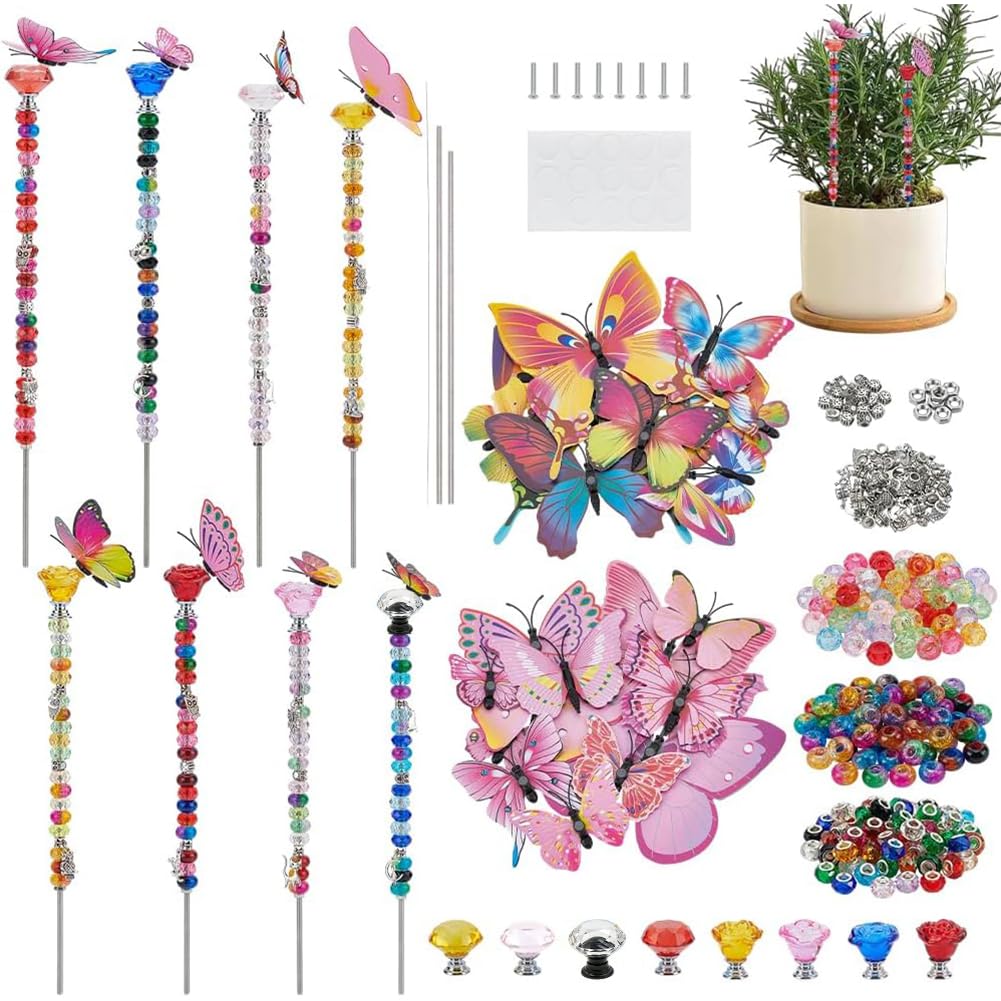 OLYCRAFT 276pz Kit di Picchetti Da Giardino A Forma di Farfalla Fai Da Te Inclusi 8 barre Filettate 8 cristalli Superiori 24 decorazioni A Farfalla 200 perline Colorate per Cortile Esterno