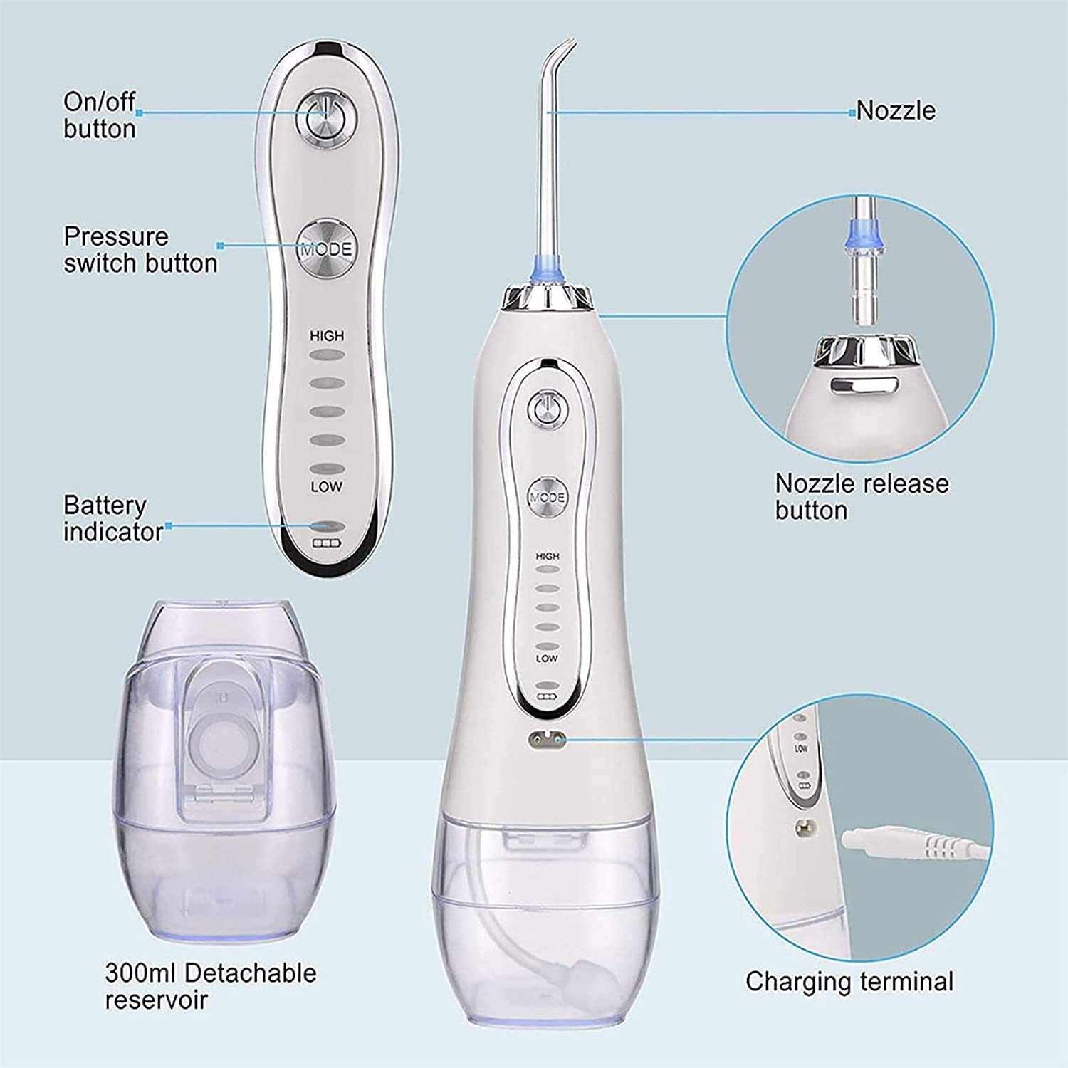 Flosser dentaire de l'eau rechargeable sans fil: Nettoyeur de dents de puissance avec USB Câble, IPX7 Flosser imperméable for les ponts oraux Soins avec 5 mode, 30 0ml Réservoir d'eau détachable