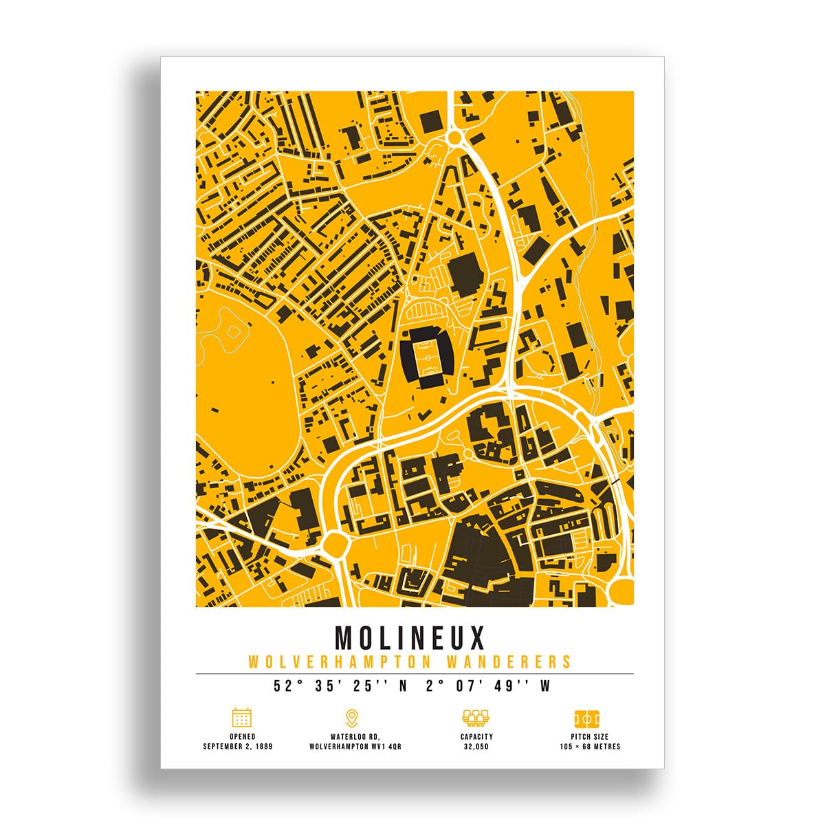 Mounted Gifts Trading A4 Poster Only Molineux Stadium Map Minimalist A4/A3 Poster Photo Print Framed Gift Wolverhampton Wanderers (A4 Poster Only)