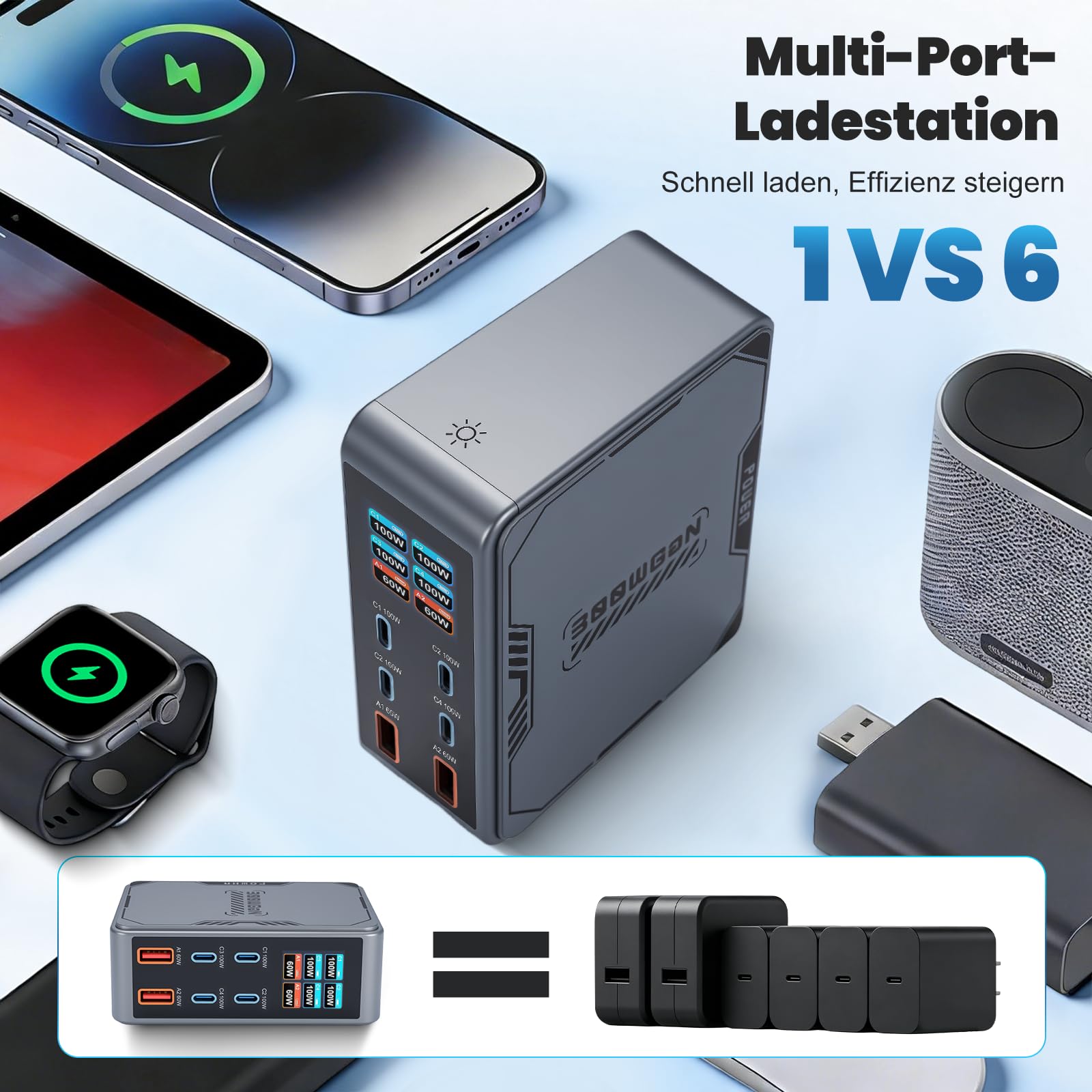 Chargeur USB C 6 en 1 et 300 W, écran LCD, station de charge GaN ultra rapide (4C+2A) Max PD100W/QC60W, chargeur multi-USB, compatible avec iPhone 17/16/15, iPad, Android et tablettes (argent)