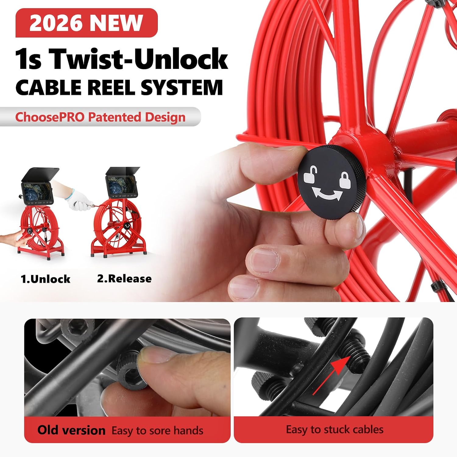 [ChoosePRO®] ChoosePRO HD1080P Sewer Camera, 7'' w/DVR-32GB, [Min. Bend Dia: 6cm for Bend Sewer] Drain Camera, [New 1s Twist-to-Unlock System] Plumbing Snake Pipe Inspection Camera, 5000mAh, 65ft