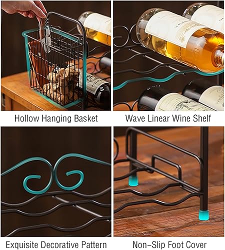 Miniatura 4 de 2 Tier Iron Art Wine Rack with Hanging BasketCountertop Wine Storage StandWine Display Rack Hold 8 Wine BottlesFreestanding Wine Bottle Holder