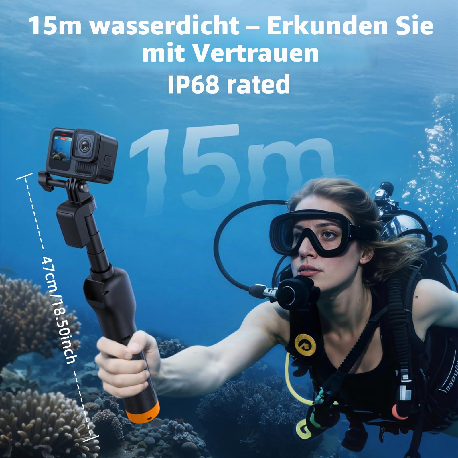 Schwebender Handgriff Selfie Stick Stativ Wasserdicht Ausziehbares Selfie Einbeinstativ Griff mit Bluetooth Fernbedienung für DJI Osmo Action 6 5 Pro 4 Black Action Kamera mit Signalverstärker