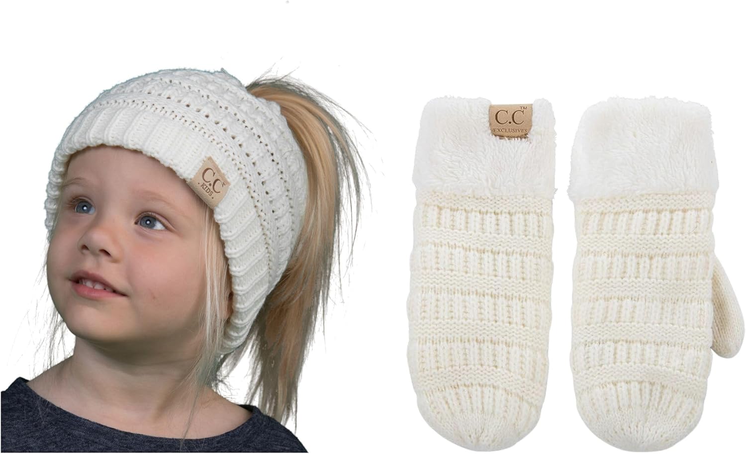 Funky Junque Matching 2 Pack Kids Messy Bun Ponytail Knit Hat & Lined Mittens - Ivory