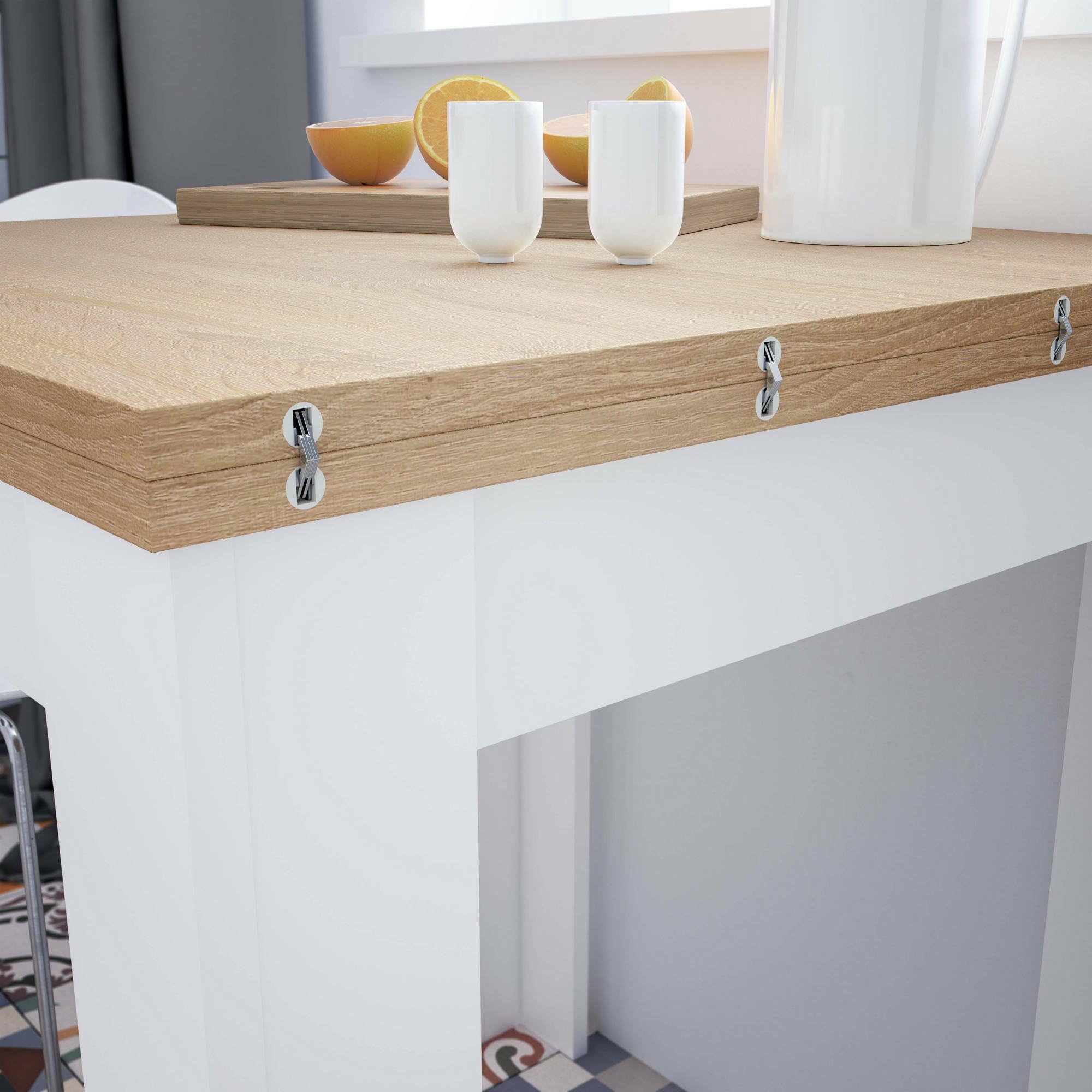 Dmora - Tavolo allungabile Newark, Ripiano da pranzo pieghevole apertura a libro, Tavolo ausiliario richiudibile, 67x67/135h79 cm, Bianco e Rovere