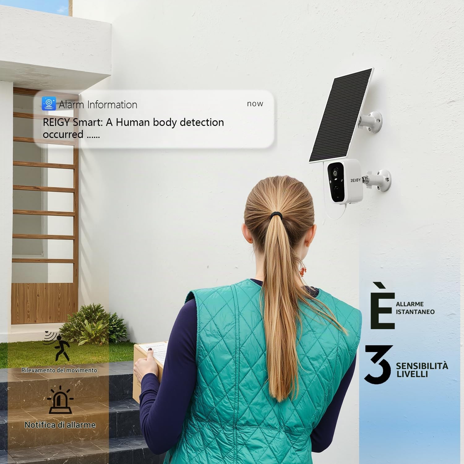 REIGY 4MP Telecamera WIFI Interno/Esterno Batteria Senza FIli, Videocamera Sorveglianza con Pannello Solare, Rilevazione di Movimento PIR, Audio a 2 Vie, IP65, Supporto 2,4GHz/5GHz