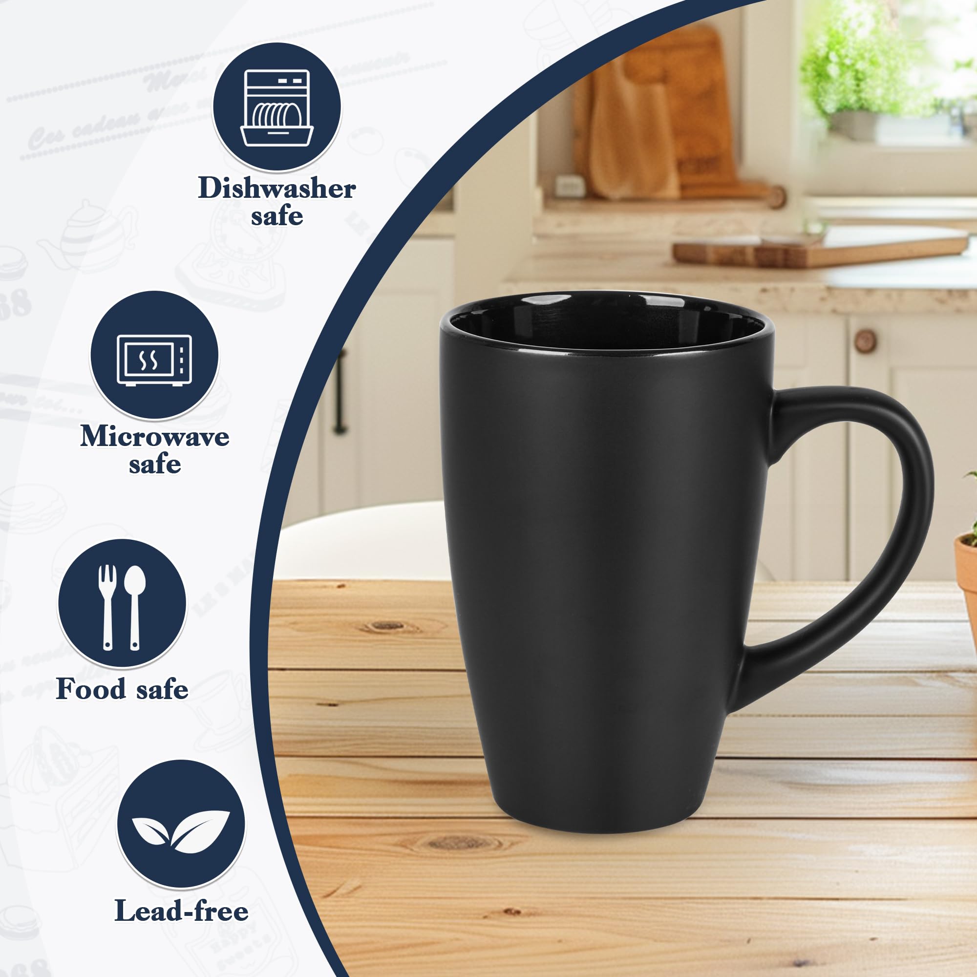 BYCNZB Juego de 4 tazas de café altas de cerámica extra grandes de 20 onzas para café, té, cacao caliente, aptas para lavavajillas y microondas (negro mate)