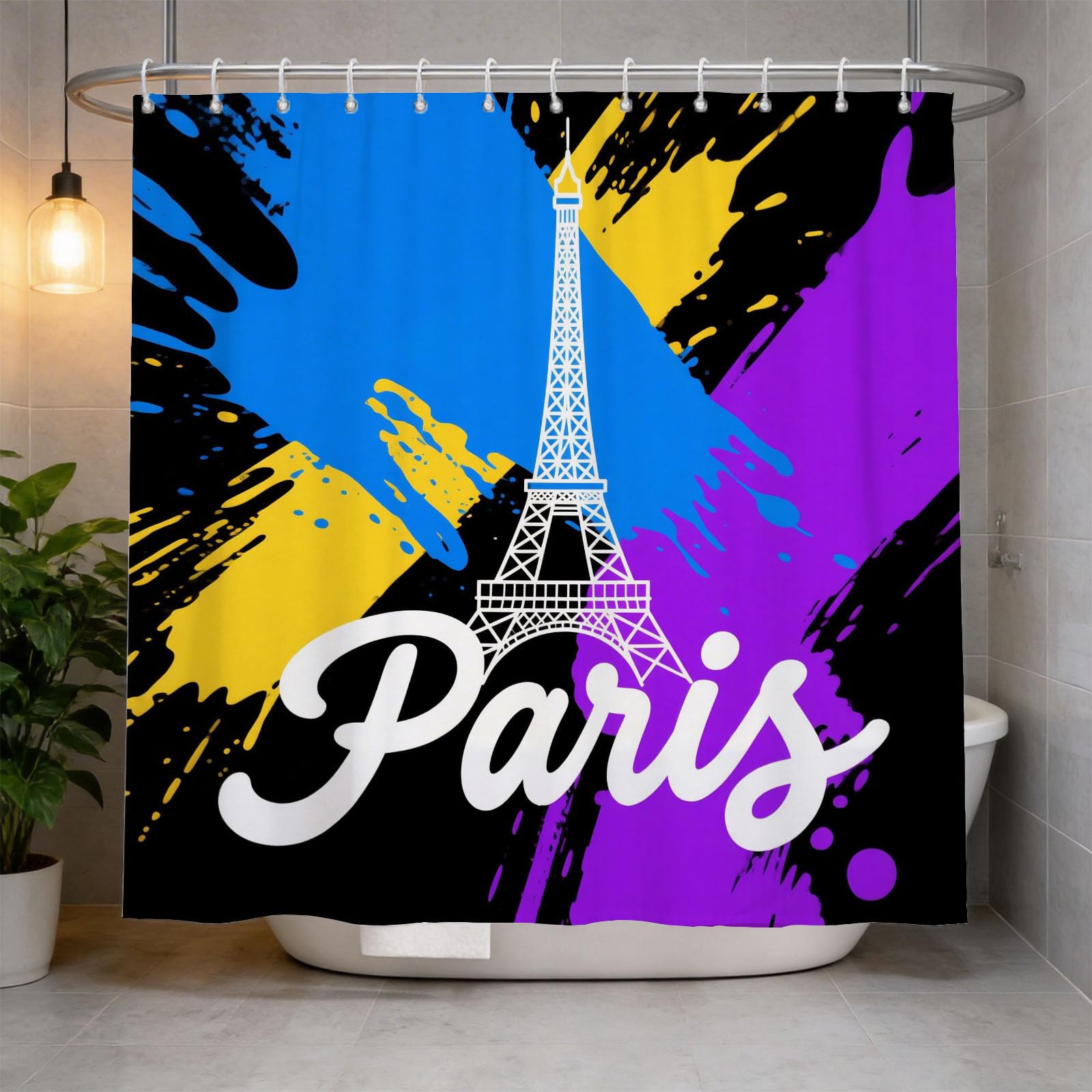 Hongduo 3D Eiffel Tower Shower Curtain for Stalls Bathtubs Graffiti Ideas Bathroom Decor Shower Curtain Set Polyester Fabric Waterproof 200x200cm/79X79 Inch with Hooks