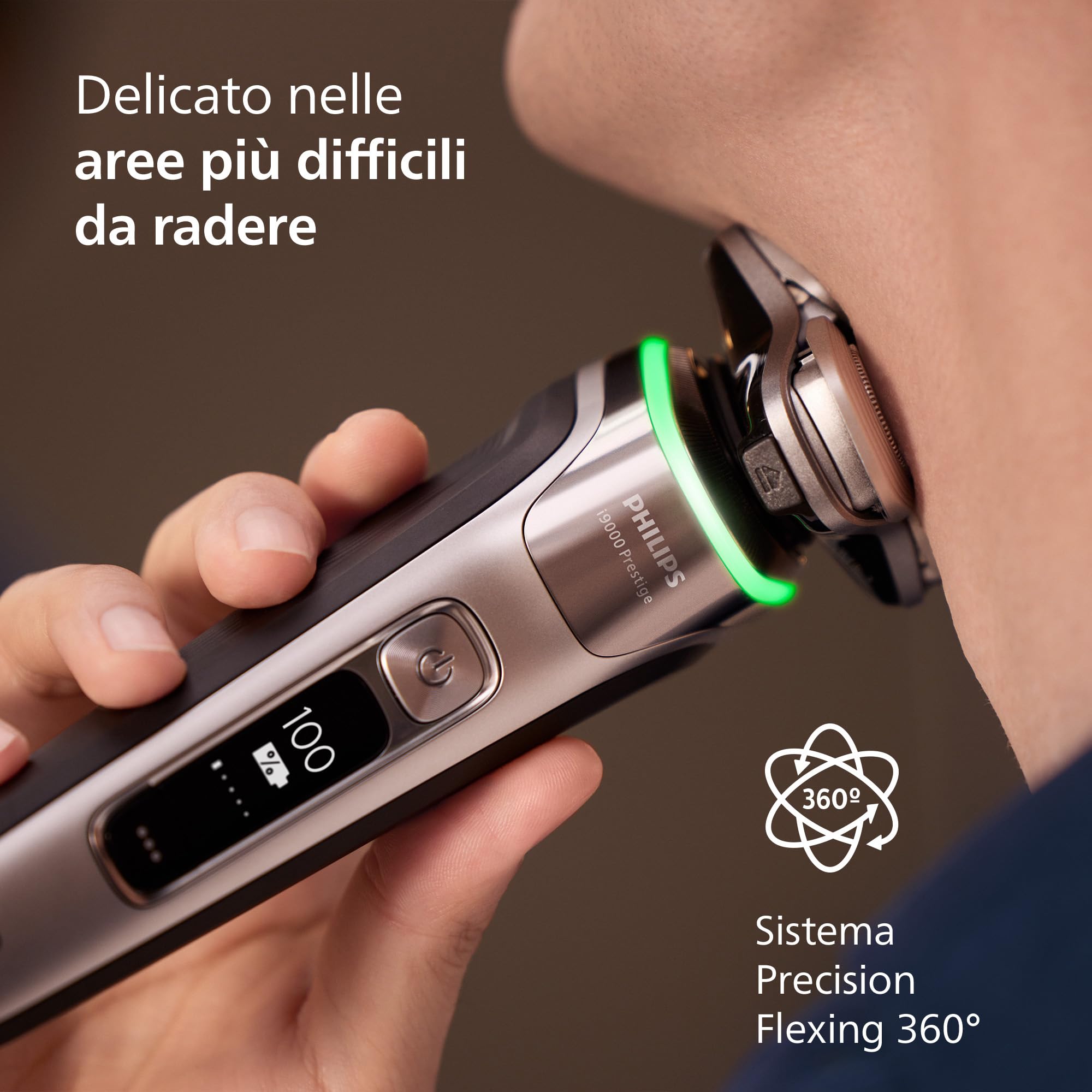 Philips Shaver i9000 Prestige, rasoio elettrico Wet & Dry, tecnologia Skin IQ, triplo sistema di sollevamento e taglio, doppie lame di precisione in acciaio 360º, styler per barba, modello XP9202/33