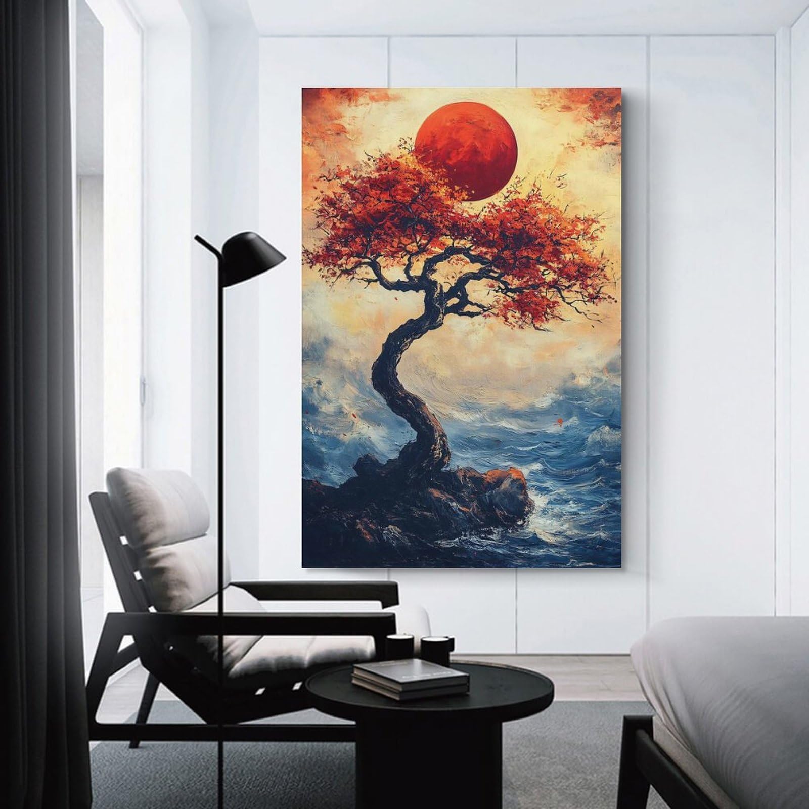 Junmoney Canvas Art Print Crimson Moon Over Stormy Seas, 12x18inch(30x45cm), for Office, Study Or Home Workspace, Home Office Artwork with Decorative Appeal