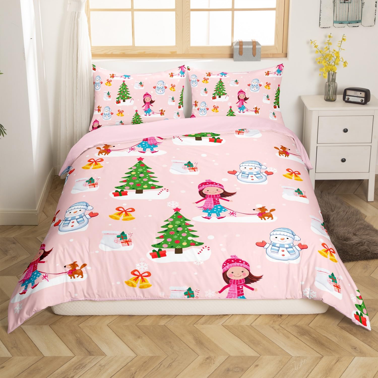 Homemissing Christmas Tree Duvet Cover Set Cot Size For Kids Adults Girls Teens Xmas Snowman Dog Bedding Set Merry Christmas Duvet Cover with 1 Pillowcase Xmas Theme Bed Sets