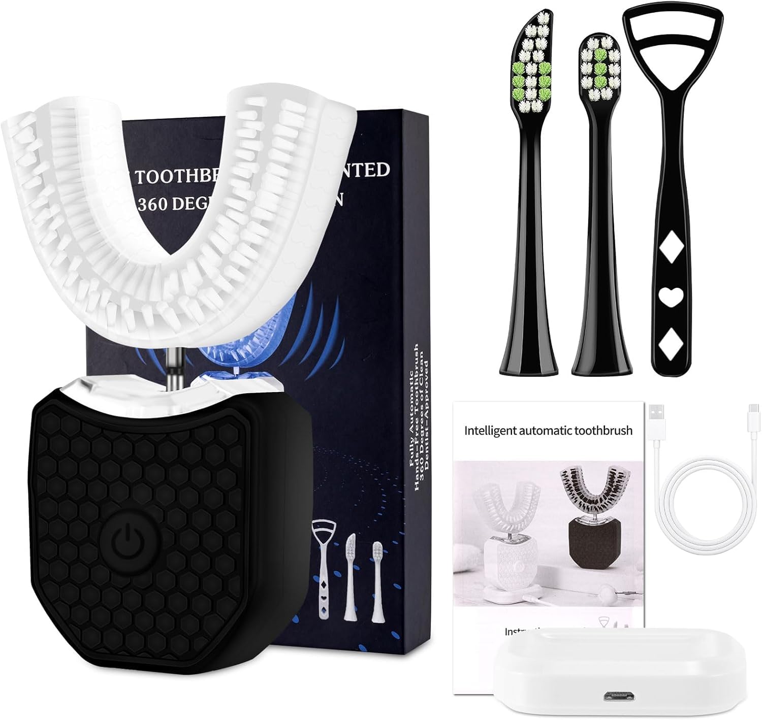 WingFly Elektryczna ultradźwiękowa szczoteczka do zębów, ulepszona, automatyczna szczoteczka do zębów, 360°, w pełni automatyczna, w kształcie litery U, inteligentna szczoteczka do zębów Sonic dla