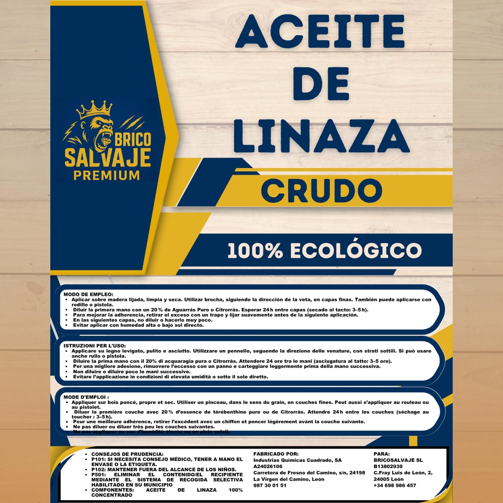 Aceite de Linaza CRUDO para la Madera | Ladrillo, Terrazo, Teja | Nutrición | Protección (1 LITRO) BRICOSALVAJE PREMIUM