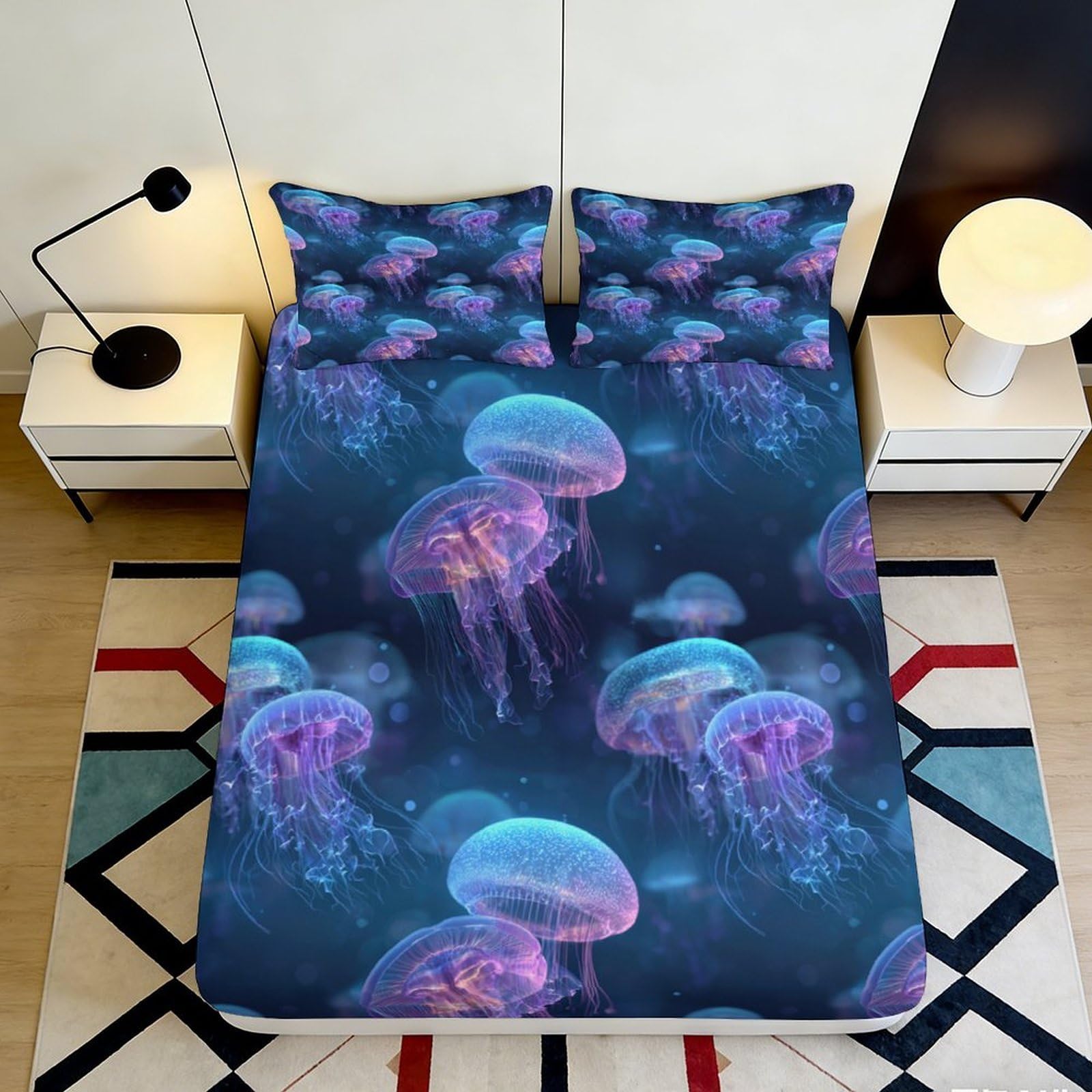 3D Printed Jellyfish Fitted Sheet Microfiber Soft Breathable Ocean Pattern Bed Cover for Bedroom Dormitory Guest Room Mattress Protection Decor 180x200x25cm