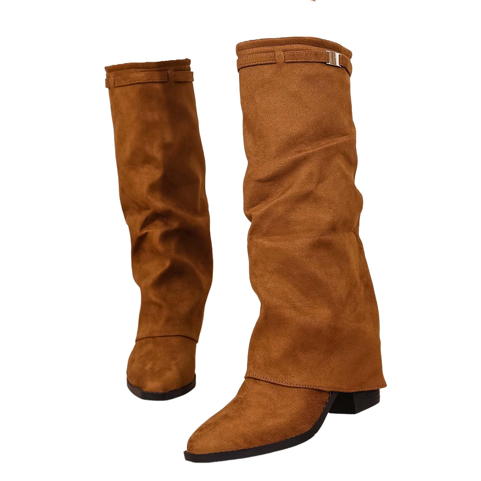 Womens Slouchy Knee High Boots Fold Over Wide Width Mid Calf Boots Pointed Toe Chunky Heel Long Booties