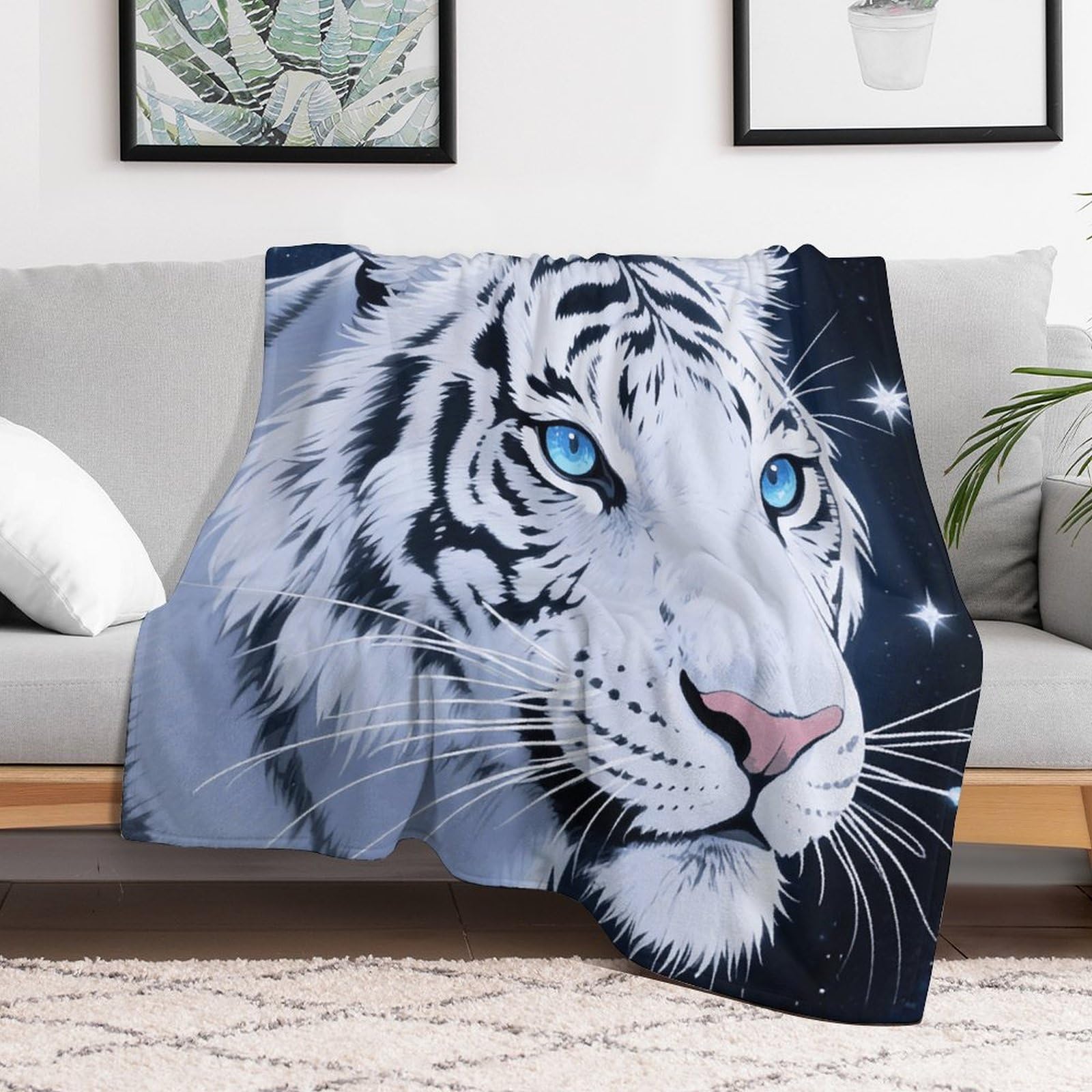 Custom Tiger and Moon Blanket Lightweight Flannel Fleece Throw for Couch Sofa Bed Luxury Soft Cozy Plush Lap Bedtime Blanket for All Seasons Bedroom Home Decor Gifts 60x80