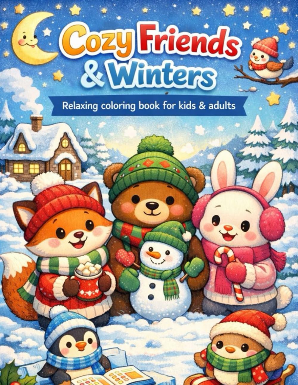 Cozy Friends & Winters: Relaxing Coloring Book for Kids & Adults: Easy, Bold & Relaxing Winter Coloring Book with Cute Animals for Kids and Adults