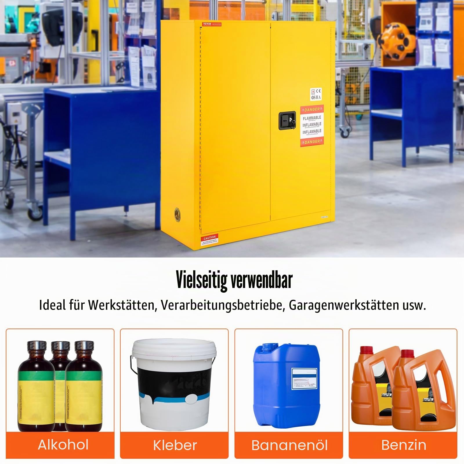 VEVOR Sicherheitsschrank für brennbare Flüssigkeiten, 34 Gallonen, Lagerschrank für brennbare Flüssigkeiten aus Kaltgewalztem Stahl, 1095 x 460 x 1273 mm, Schrank mit einem verstellbaren Regal