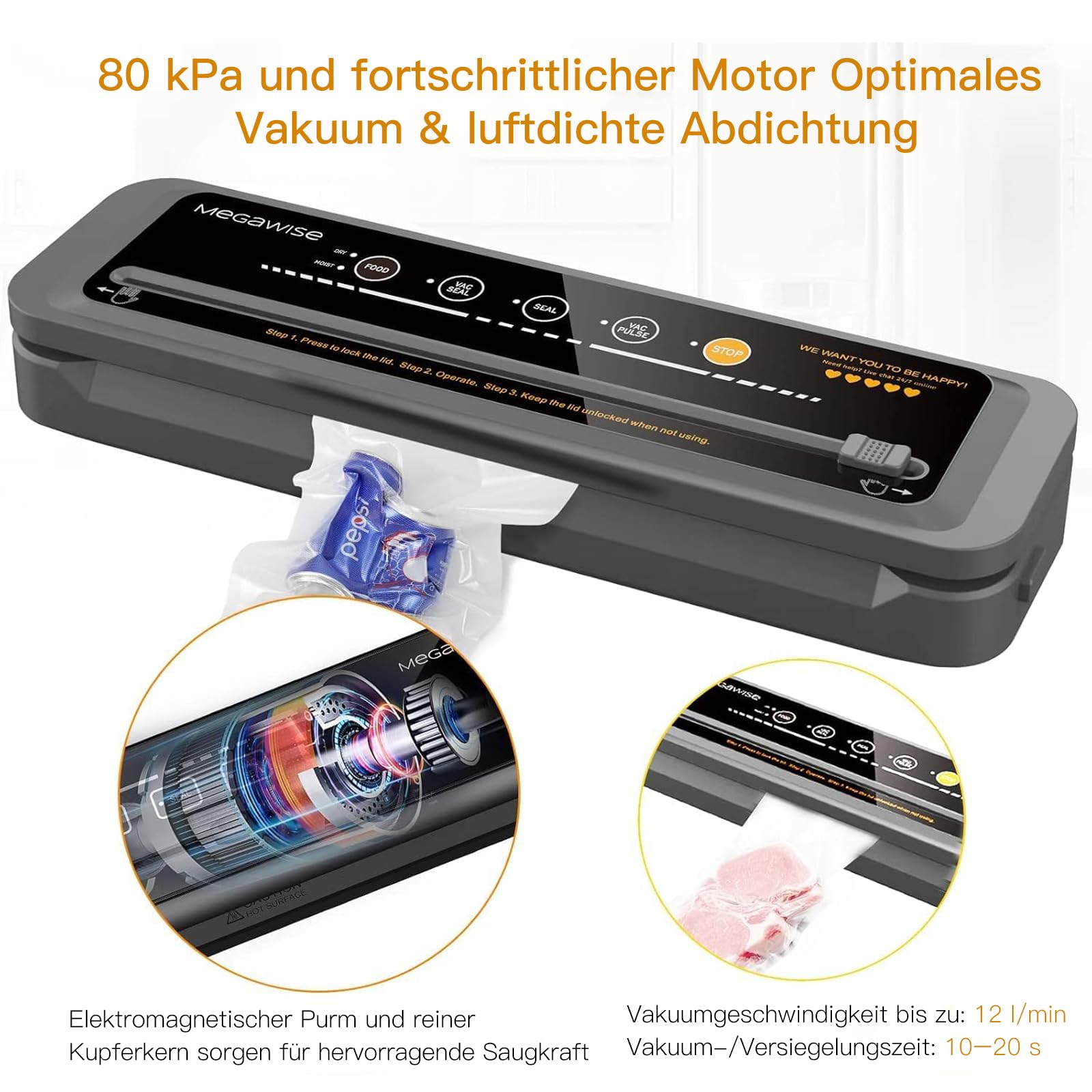 Megawise 80-kPa-Vakuumiergerät, Tragbares Vakuumiergerät Für Lebensmittel, Mit Trocken- und Nass-Frischhaltemodus, Folienversiegelungsvorrichtung, Inklusive 10 Vakuumbeuteln und Schneidevorrichtung