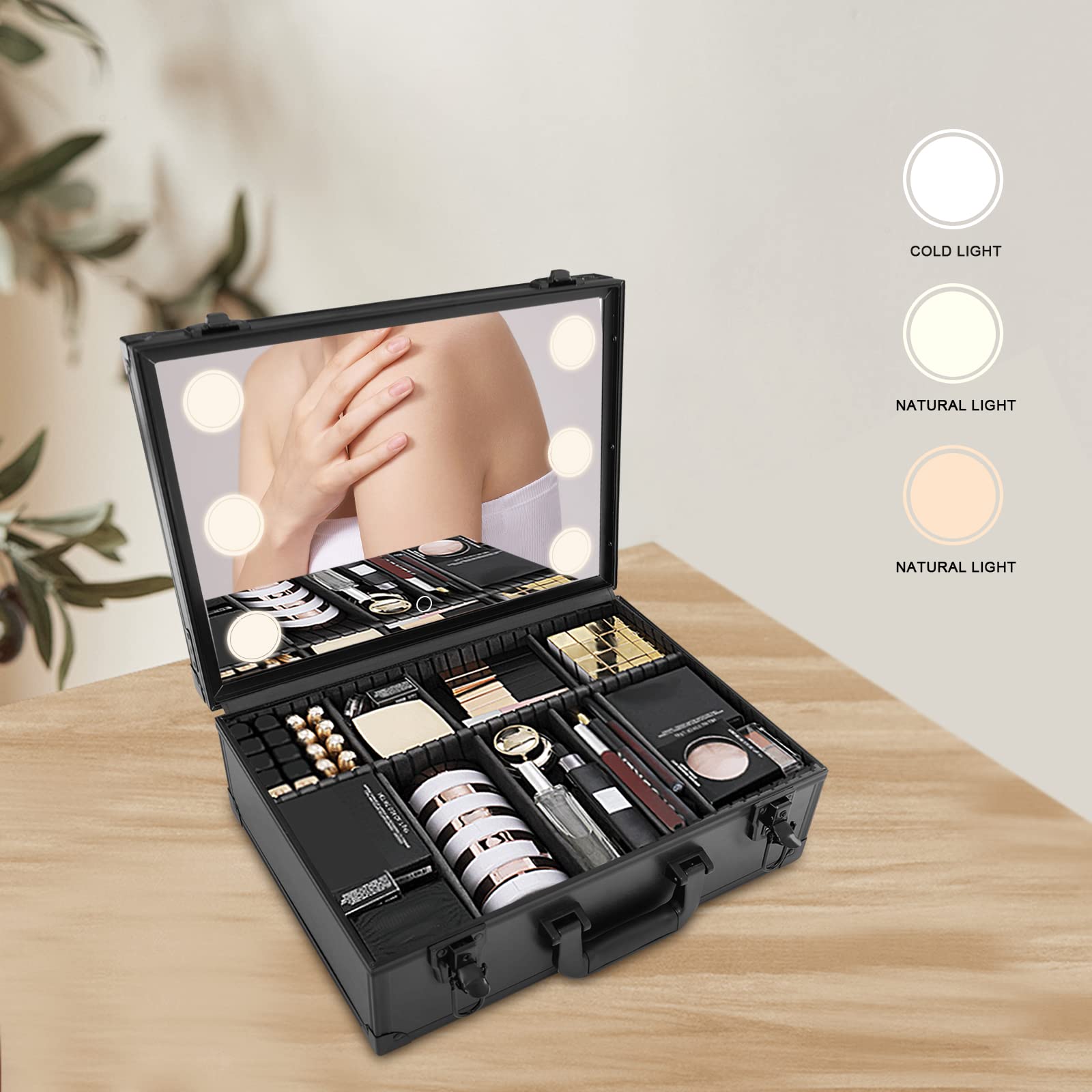 Makeup Train Case,Schminkkoffer,Cosmetic Organizer Box Makeup Case mit Lichtern,Makeup Case mit Customized Dividers,Large Makeup Artist Organizer Kit