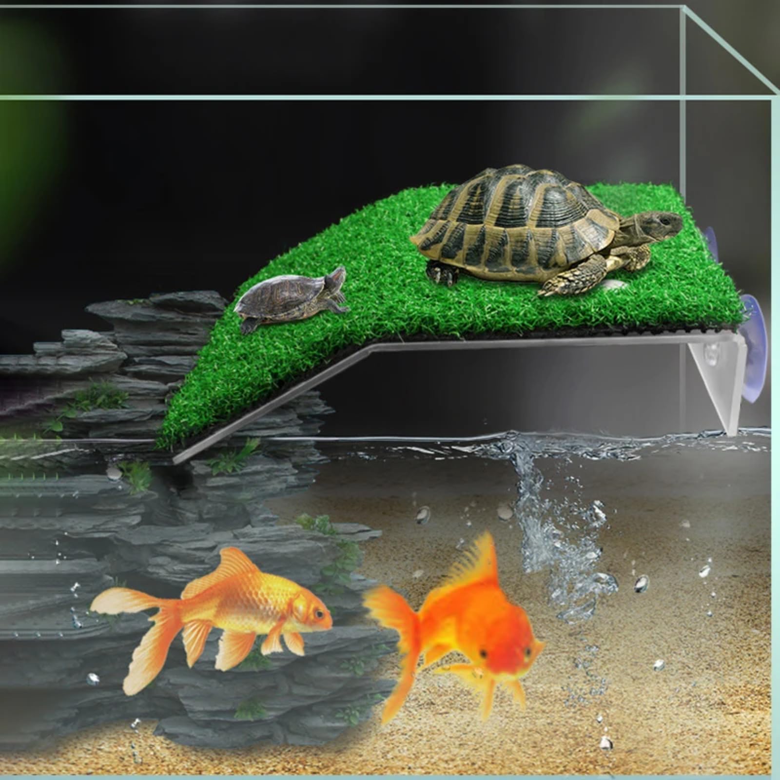 Turtle Basking Platform - Rampa de césped artificial flotante | Accesorio de terrario para reptiles y anfibios | PP no tóxico con ventosas fuertes S/M/L