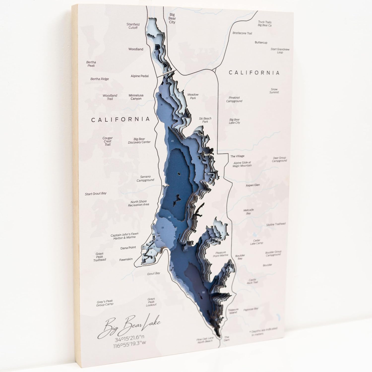 Wooden Lake Plan House Decor Wood Lake Map Wall Decoration Multilayer Artwork US Lakes Travel Handmade Gift Housewarming (Big Bear Lake, X-Large)