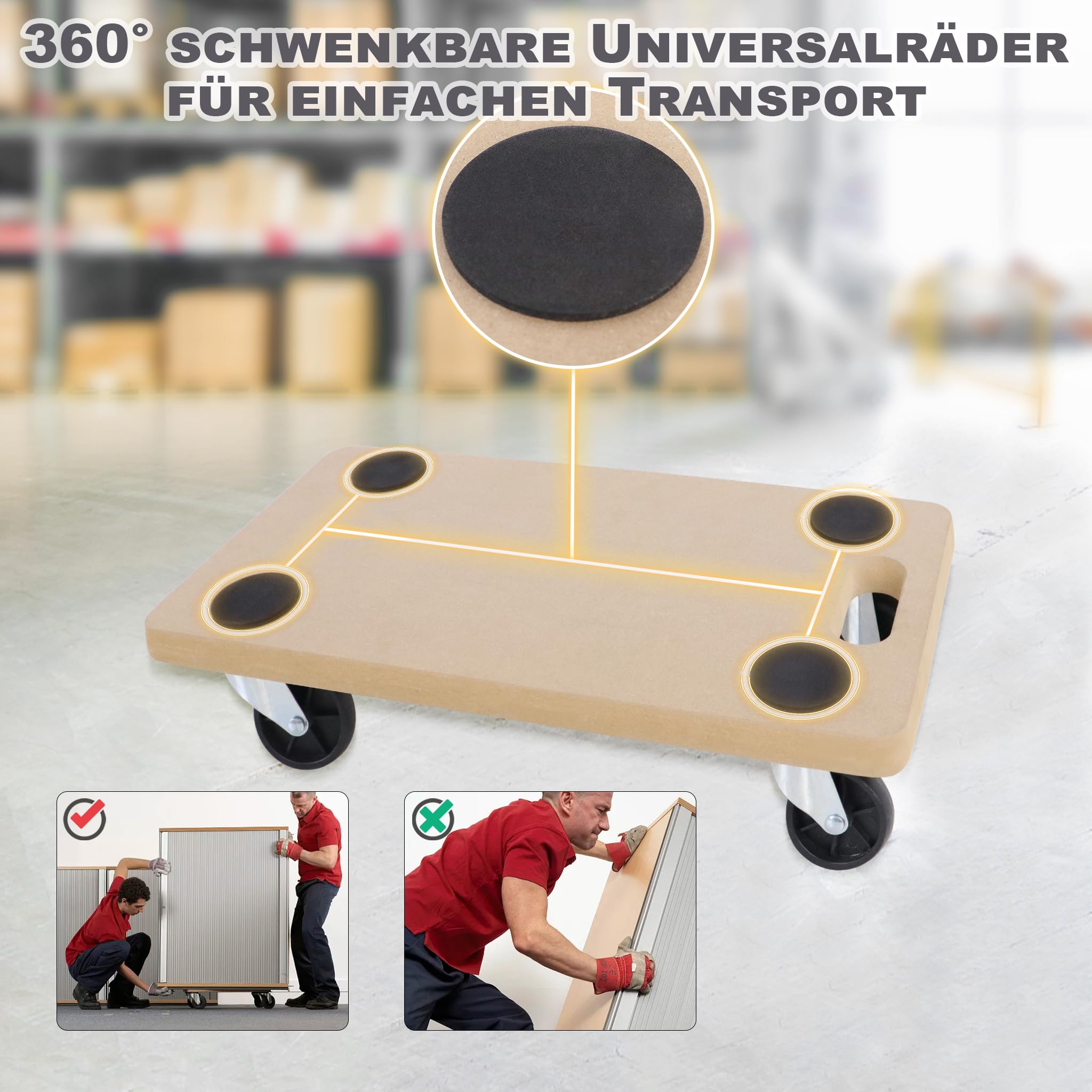 Transportroller 2X Rollbrett aus MDF, Möbelroller Transporthilfe bis zu 200 kg Traglast – 580x290x108 mm