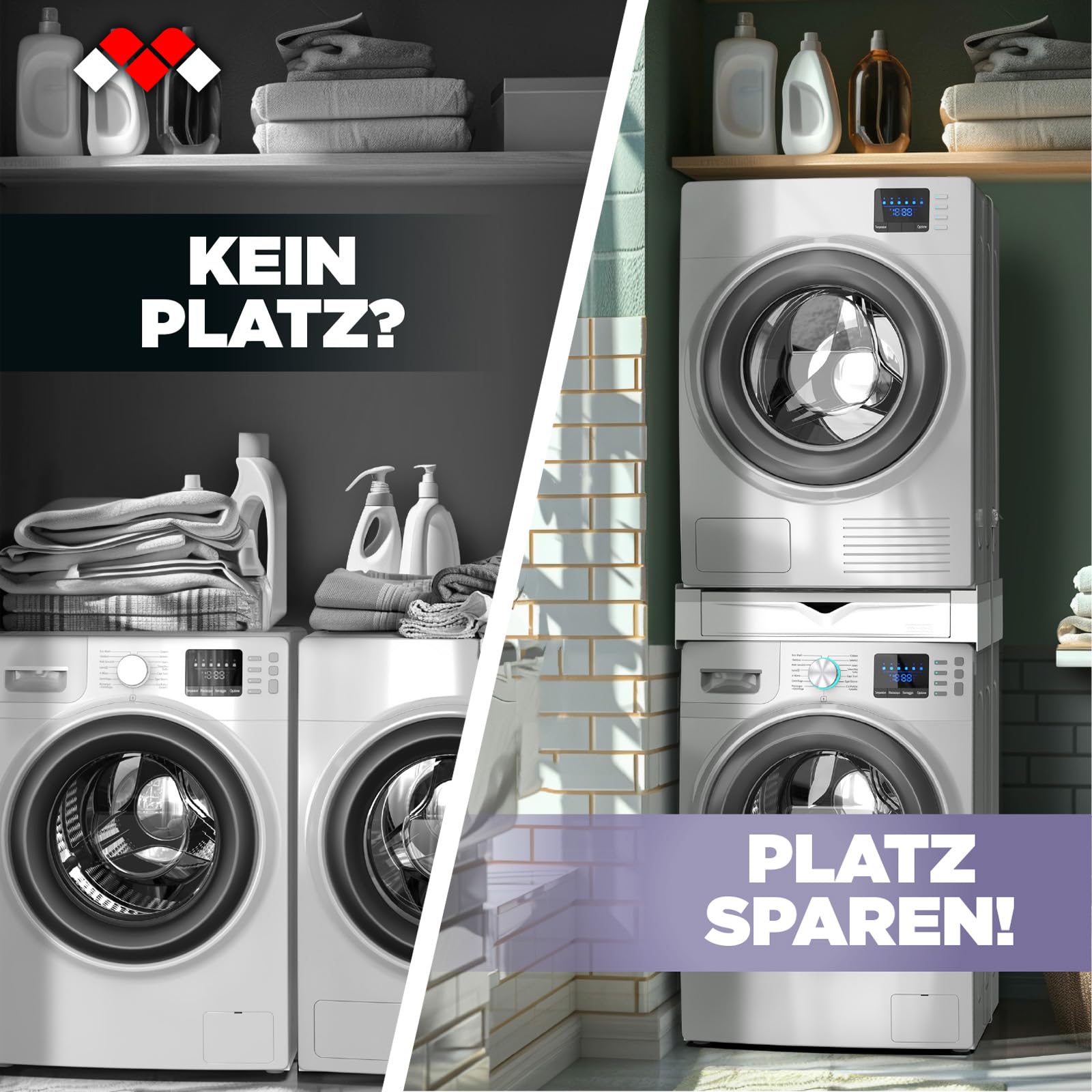 Meliconi Torre Duo Zwischenbaurahmen für Waschmaschine Trockner 2-in-1 Universal Vormontiert Platzsparend Made in Italy