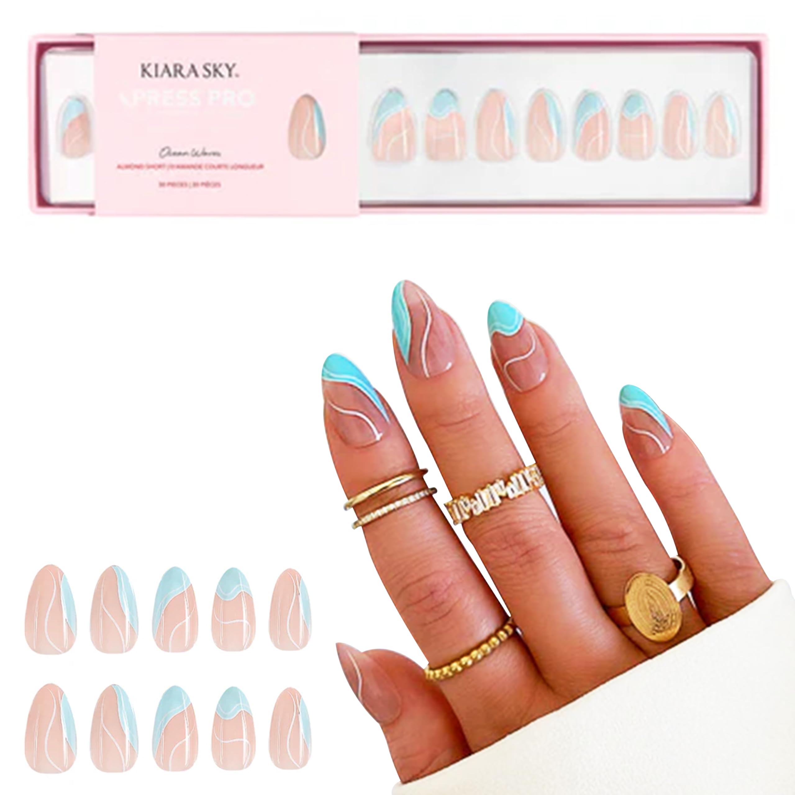 Kiara Sky Press On Nails | XPRESS PRO 100% Acrylic Nails | 30-Piece Kit Includes Nail Glue, Cuticle Pusher, File & Prep Pad | Short Almond - Ocean