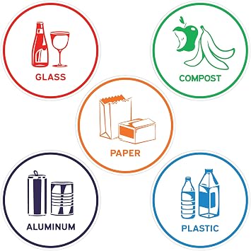 Sutter Signs Recycling Stickers for Trash Can, 6" Wide | 5pcs Recycle Stickers for Plastic Bins - Paper, Aluminum, Plastic, Glass, Compost