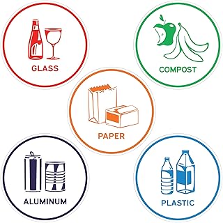 Sutter Signs Recycling Stickers for Trash Can, 6" Wide | 5pcs Recycle Stickers for Plastic Bins - Paper, Aluminum, Plastic, Glass, Compost
