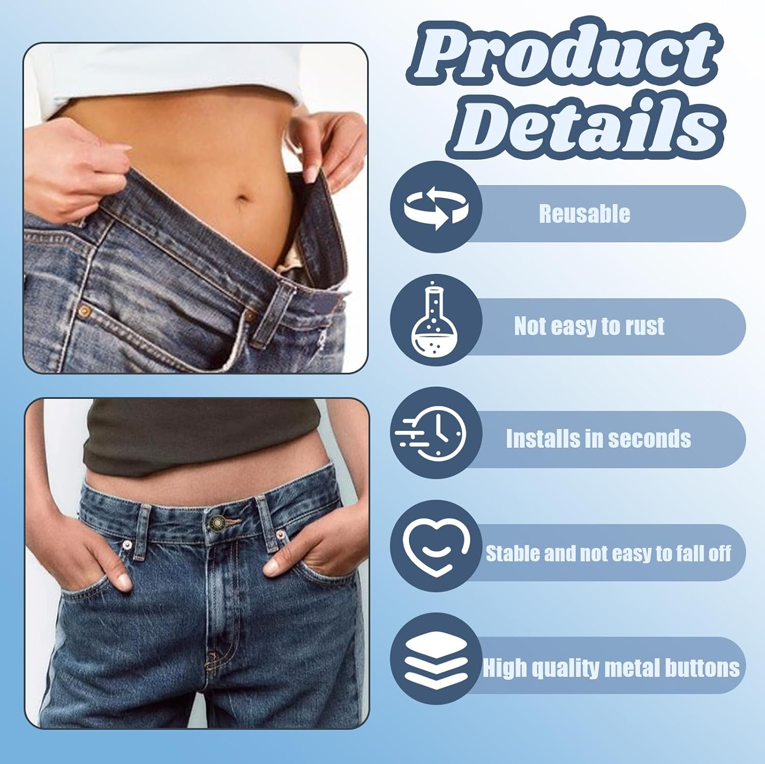 12 Sets Jeans Buttons Replacement, 17mm&20mm Adjustable No Sew Removable Metal Pants Buttons for Loose Jeans with Screwdrivers