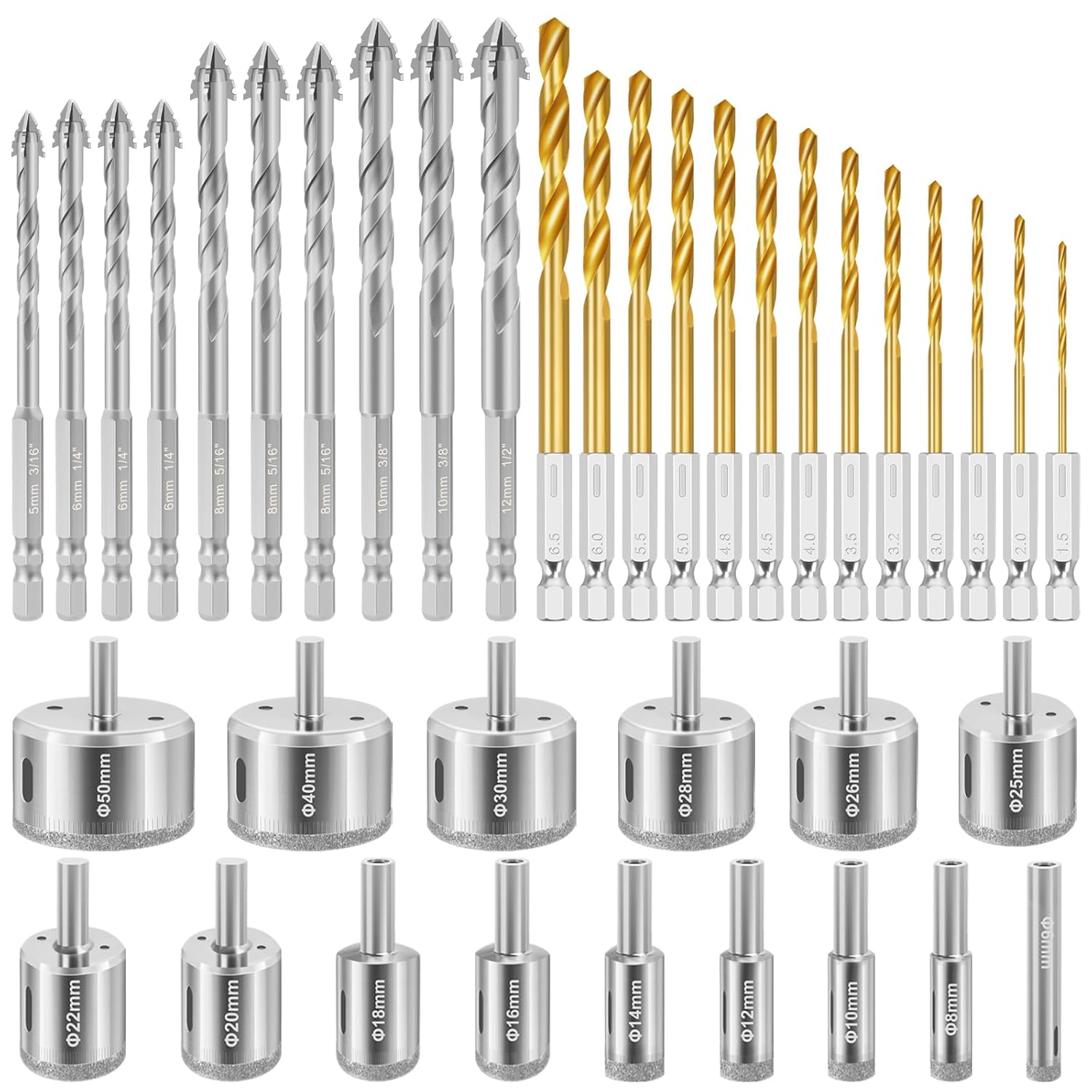 Diamond Drill Bits Set, 38 Pcs Professional Masonry Drill Bit Set, Premium Carbide Drill Bits Set, Multiple Sizes Concrete Drill Bit for Ceramic Glass Porcelain Tile Marble Metal Plastic Wood