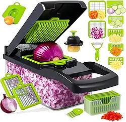 Cortador de Legumes, Alho, Cebola e Alimentos Profissional 16 em 1 – Fatiador e Picador com 8 Lâminas e Recipiente - Premium