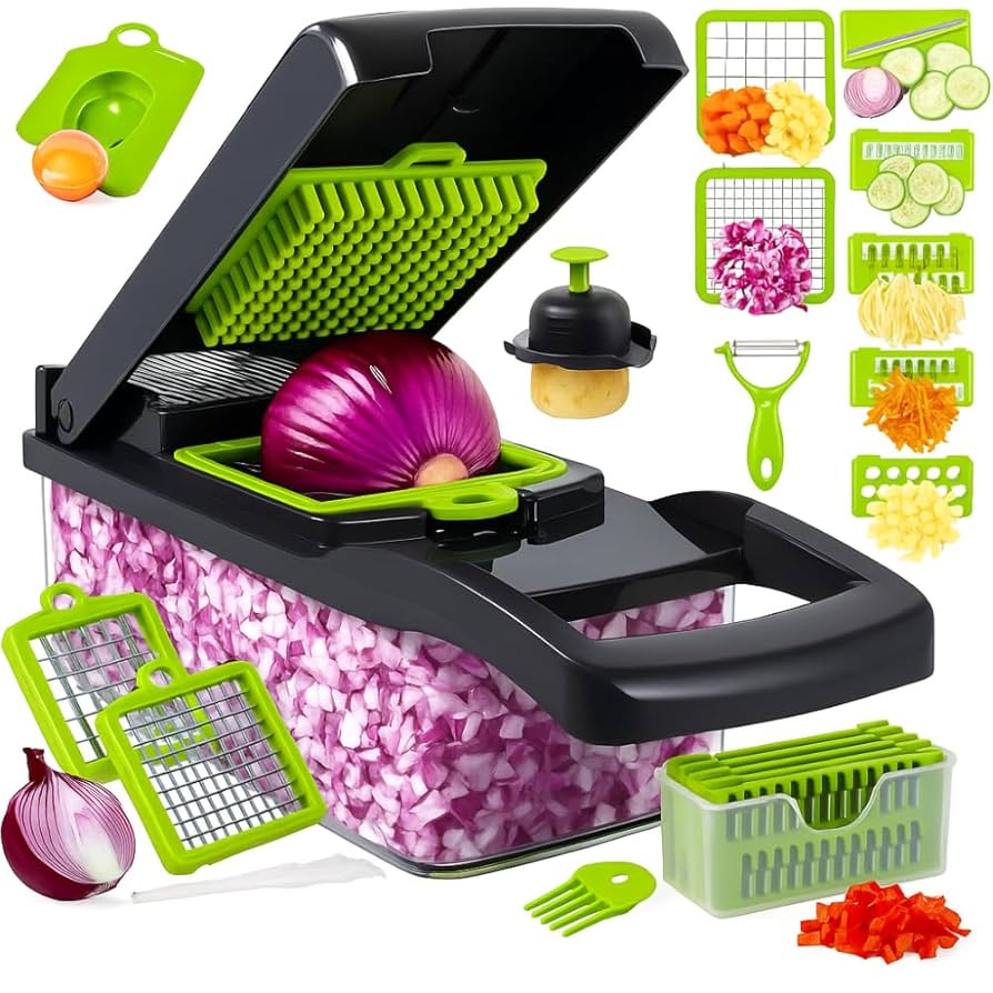 Cortador de Legumes, Alho, Cebola e Alimentos Profissional 14 em 1 –  Fatiador e Picador com 8 Lâminas e Recipiente - Premium | Amazon.com.br