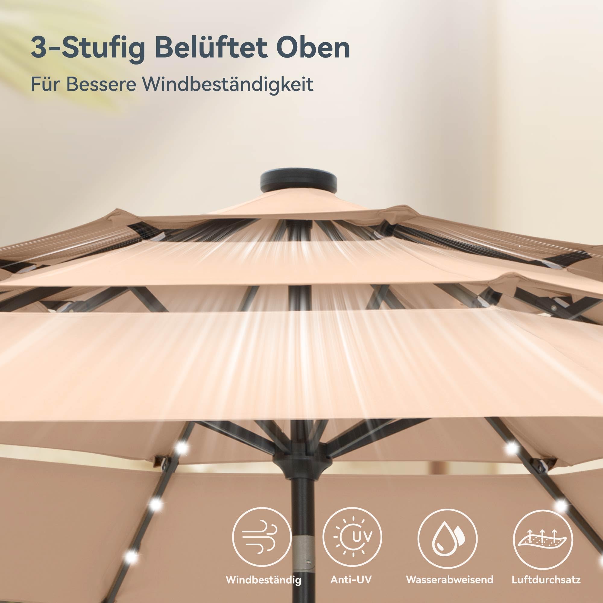 PHI VILLA Sonnenschirm Balkon Groß 300cm Balkonschirm Garten Terrasse Gartenschirm mit Kurbel UV Schutz Parasol Windfest