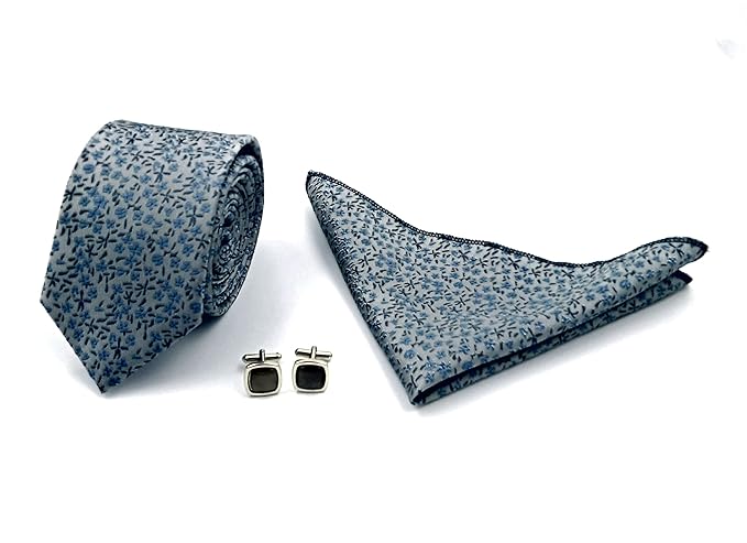 UTF Men's Micro Polyester Necktie Set with Pocket Square and Cufflinks in Gift Box (Free Size)