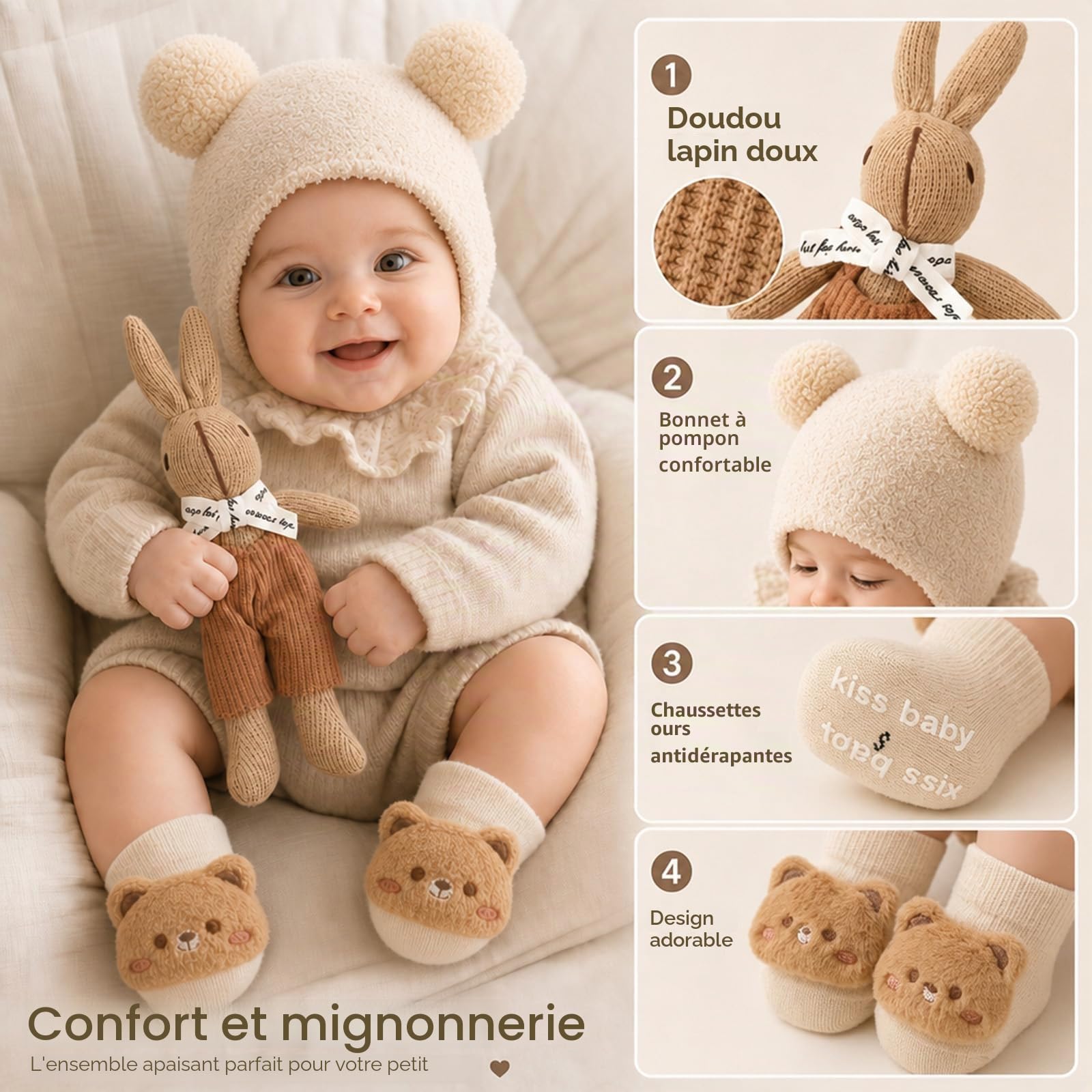 TUZT Coffret Cadeaux de Naissance Garcon Fille Cadeau ave Barboteuse Couverture Doudou Bavoir Chaussettes Bonnet Cartes Sac à Main en Feutrine, Cadeau pour Baby Shower Bebe Nouveau Né Coffret