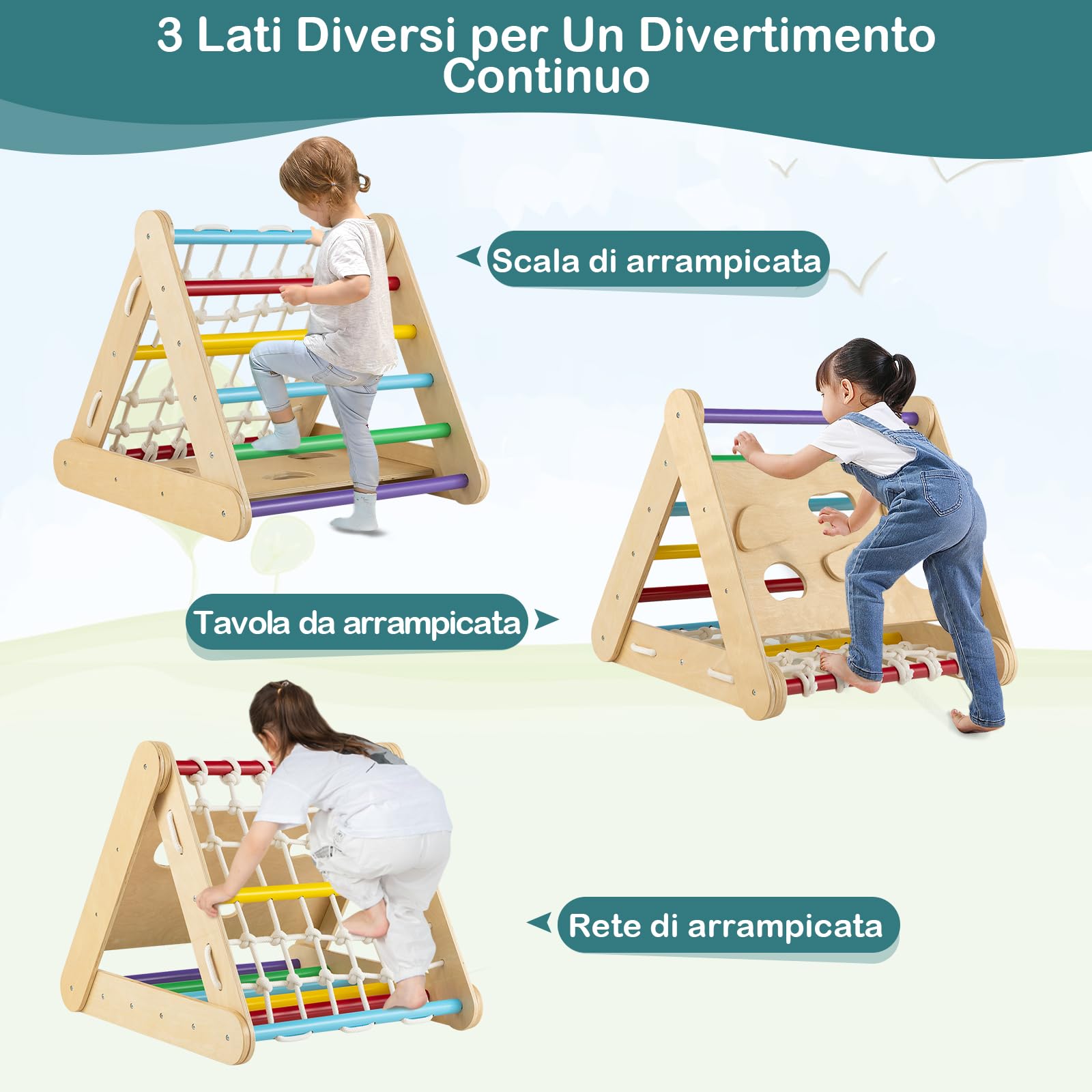 RELAX4LIFE 4 in 1 Triangolo da Arrampicata con Scivolo per Bambini, Scala per Arrampicarsi in Legno, Triangolo Montessori, Parco Divertimenti per Bimbi 1+ Anni (Colorato)