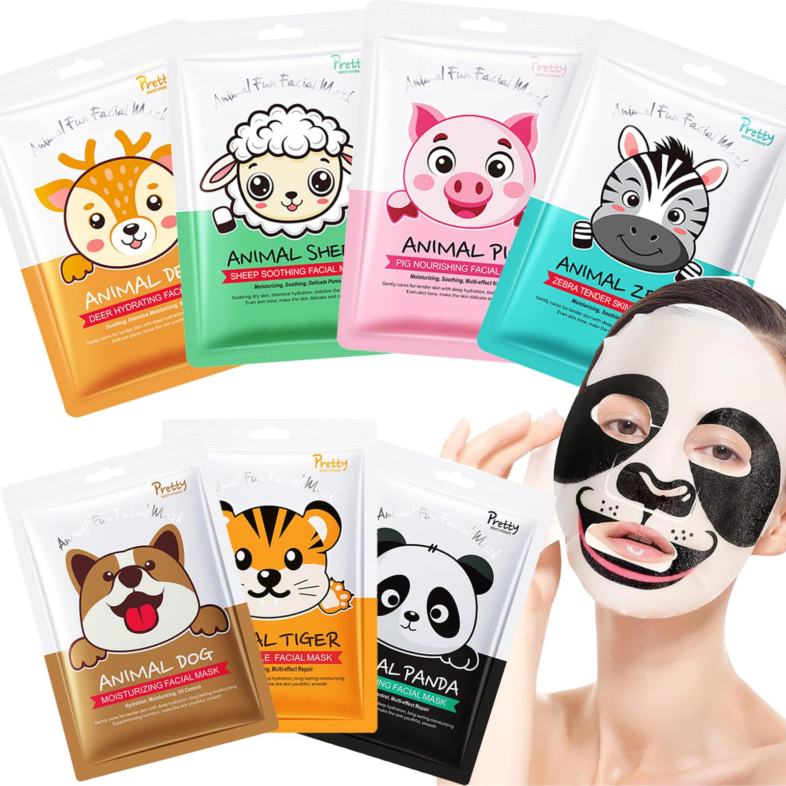 Animal Face Mask Set, Fun Printed Sheet Masks for Women & Girls, Hydrating, Brightening, Soothing, Panda, Tiger, Dog Designs