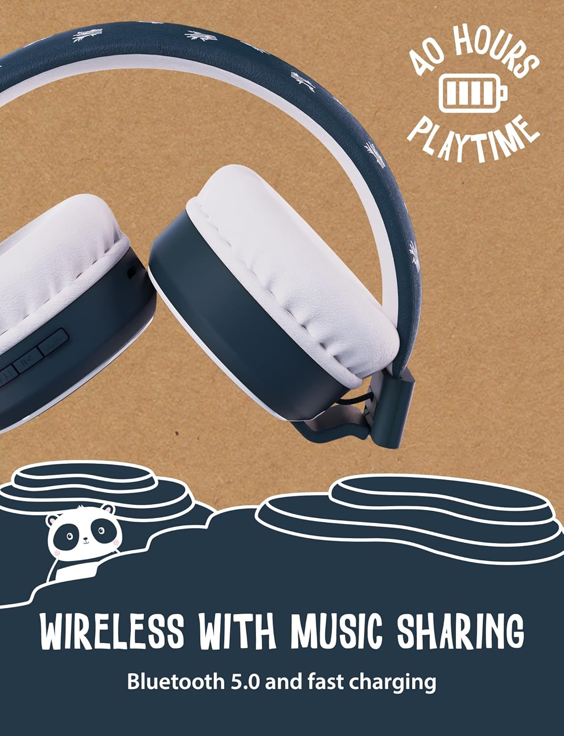 Planet Buddies Panda Kids Headphones Wireless, On Ear Bluetooth Headphones for Kids with Microphone, 85dB Volume Limiter, Cute Foldable Earphones for Tablets and Phones, Travel, School & Music - Image 2
